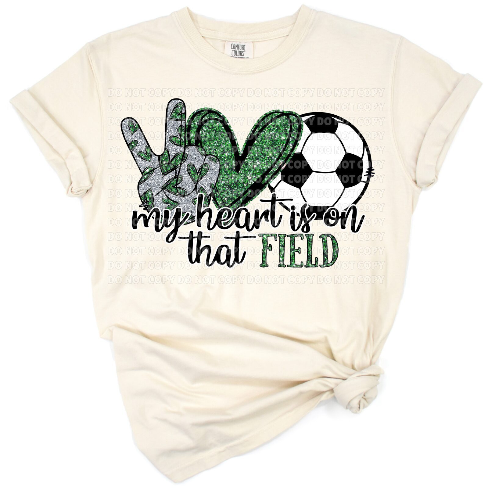 A grunge-style illustration with a heart, peace sign, and soccer ball in gold and black tones.