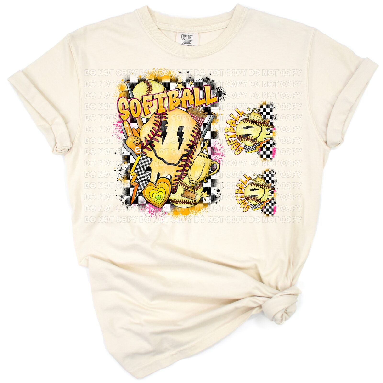 A retro style smiley face with a bright yellow softball design and playful expression.