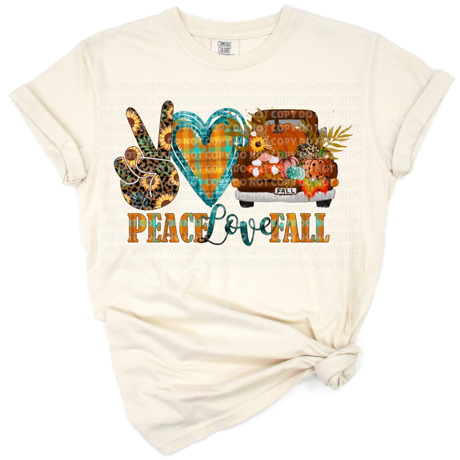 A peace sign, heart, and vintage truck with pumpkins and autumn leaves in fall colors.