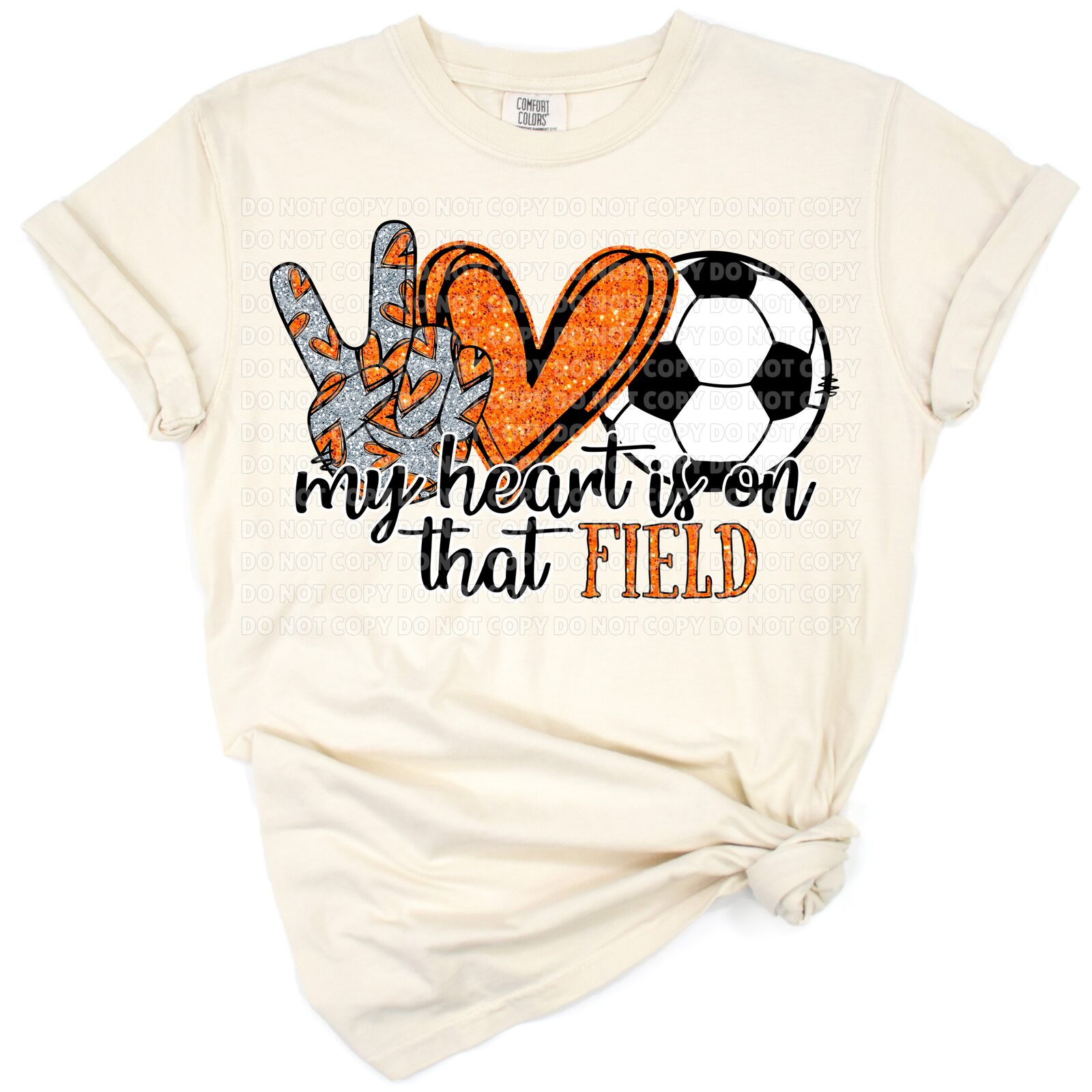 A playful peace, heart, and soccer ball artwork in orange tones.