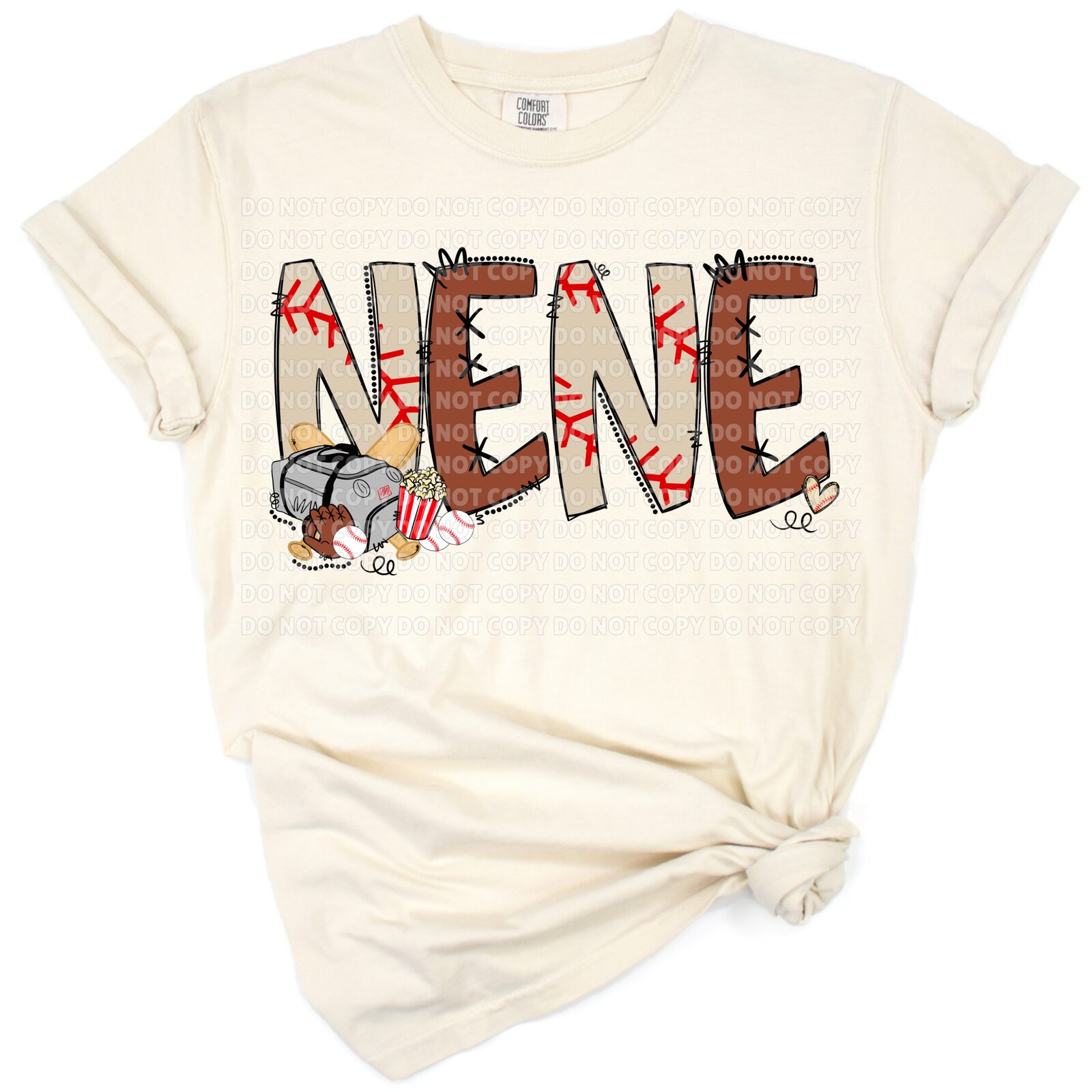 Hand drawn illustration of a cheerful grandma theme with baseball glove, bat, and heart accents.