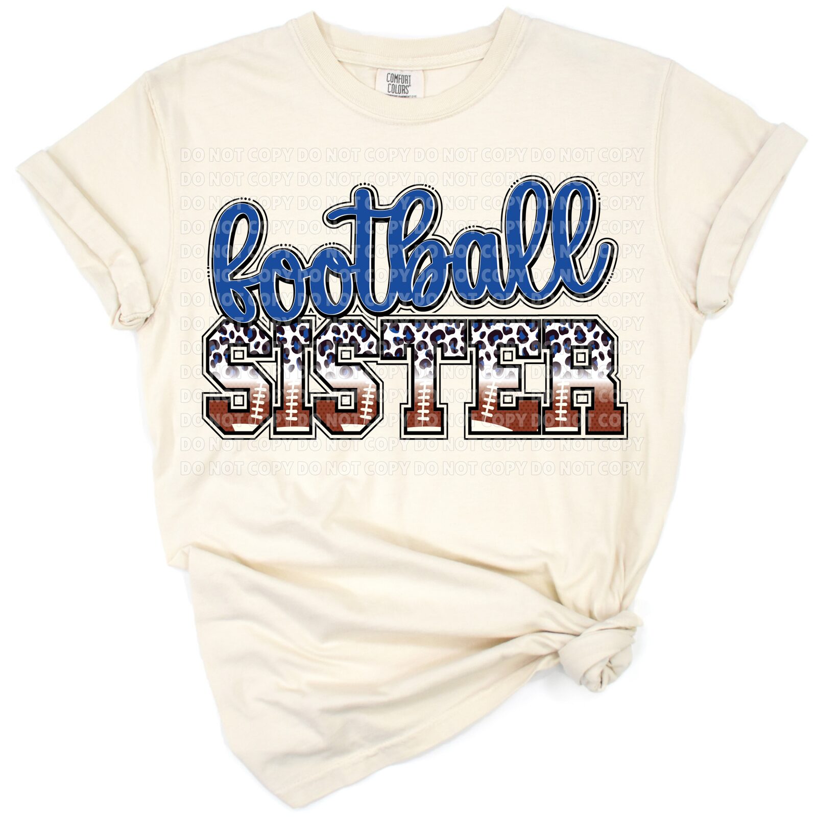 Royal blue leopard print football sister letter design with sporty decorative elements.