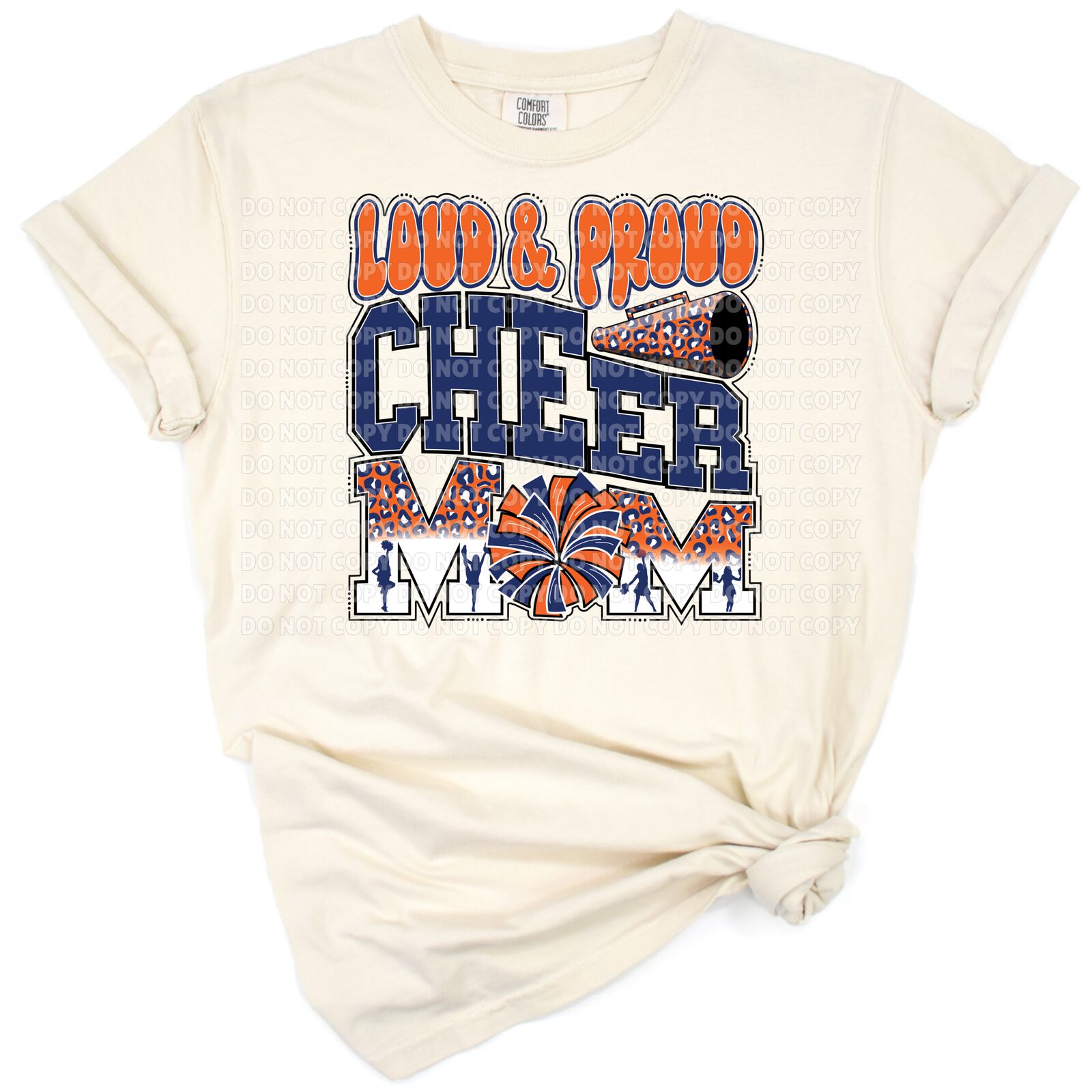 A boho leopard print and bold lettered cheer mom design with orange and navy color accents.