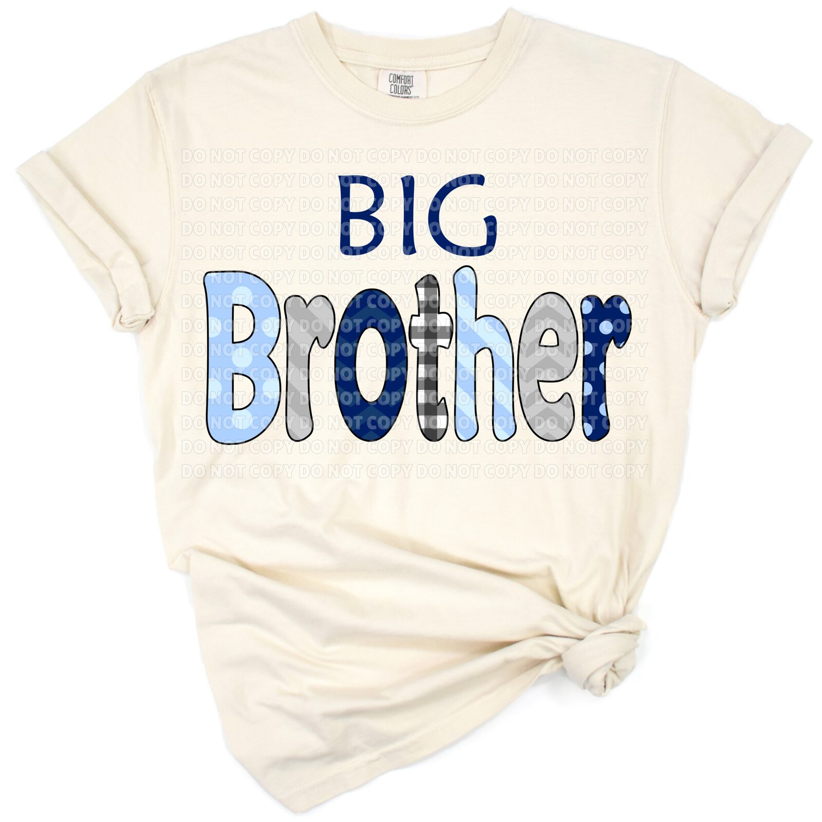 Blue and grey chevron stripes and dots with big brother text in a playful kids design.