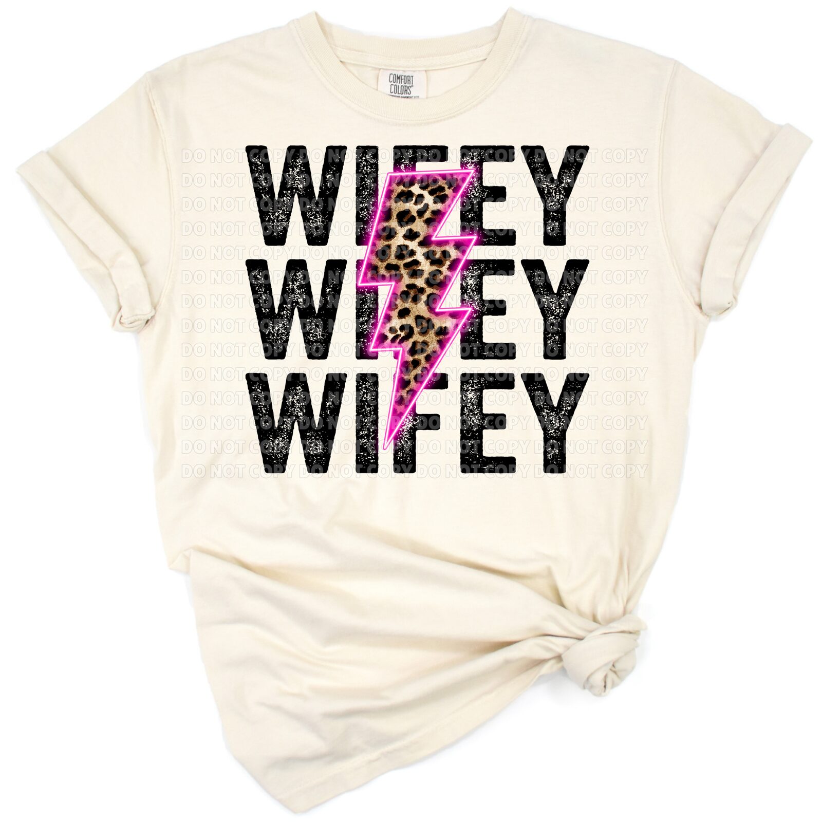 Stacked pink wifey lettering with leopard and cheetah print and a neon lightning bolt accent.