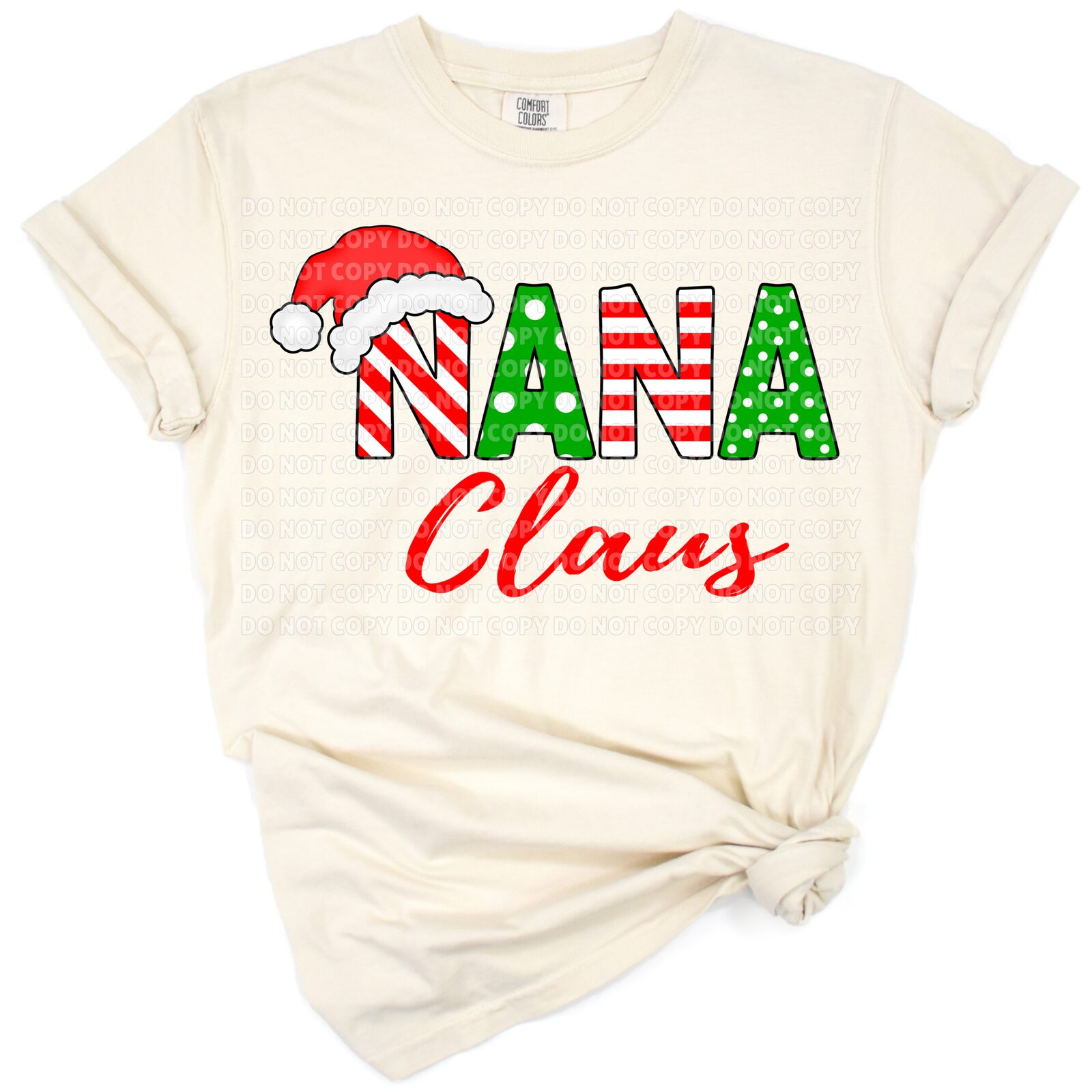 A playful Nana Claus with a red and green Santa hat and holiday decorations.
