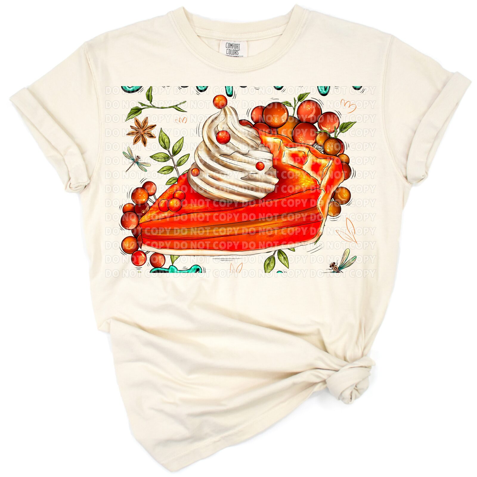 Pumpkin pie illustration surrounded by colorful fall leaves and a playful Thanksgiving phrase.