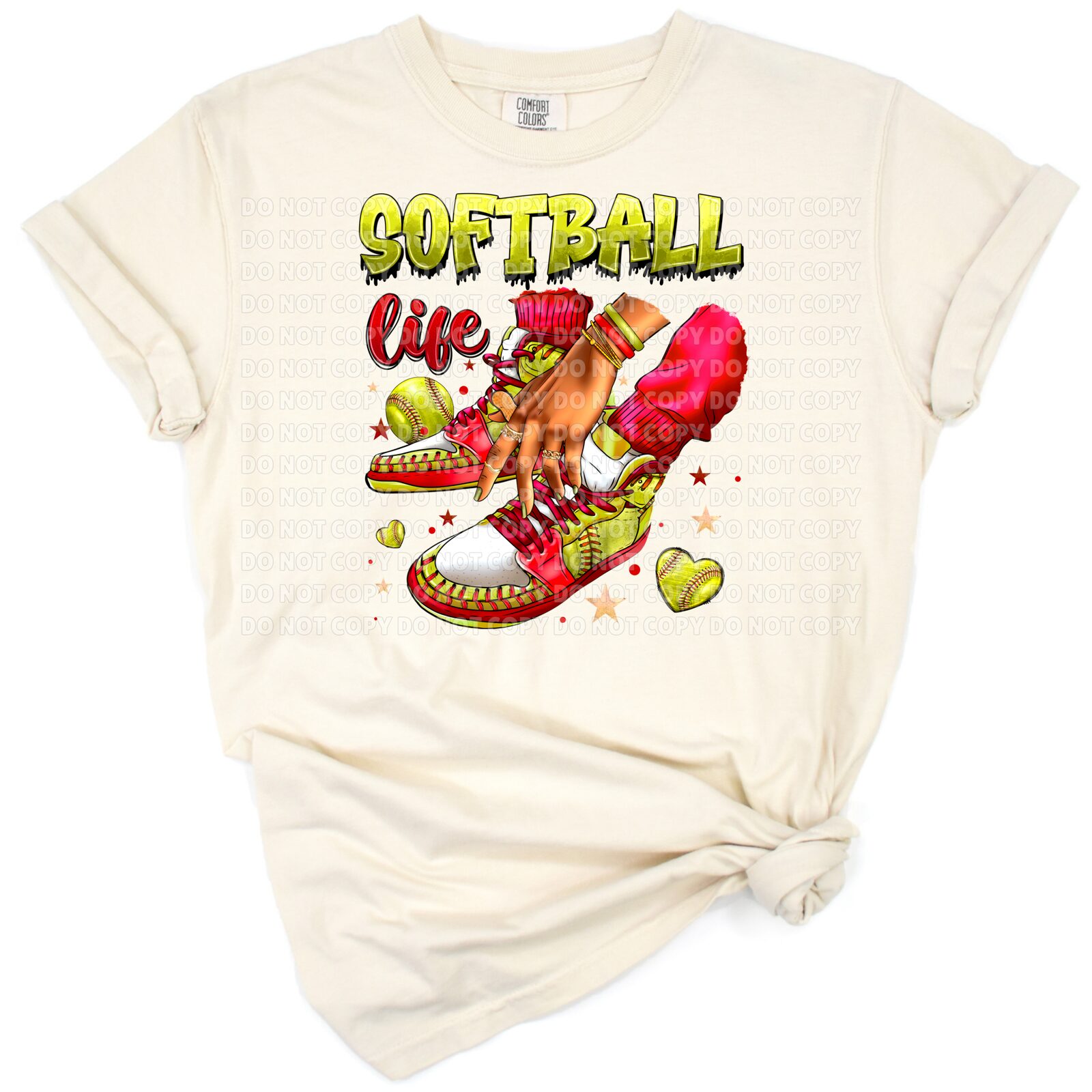 A cheerful girl softball player with black hair, stylish sneakers, and a softball in a sporty, colorful design.