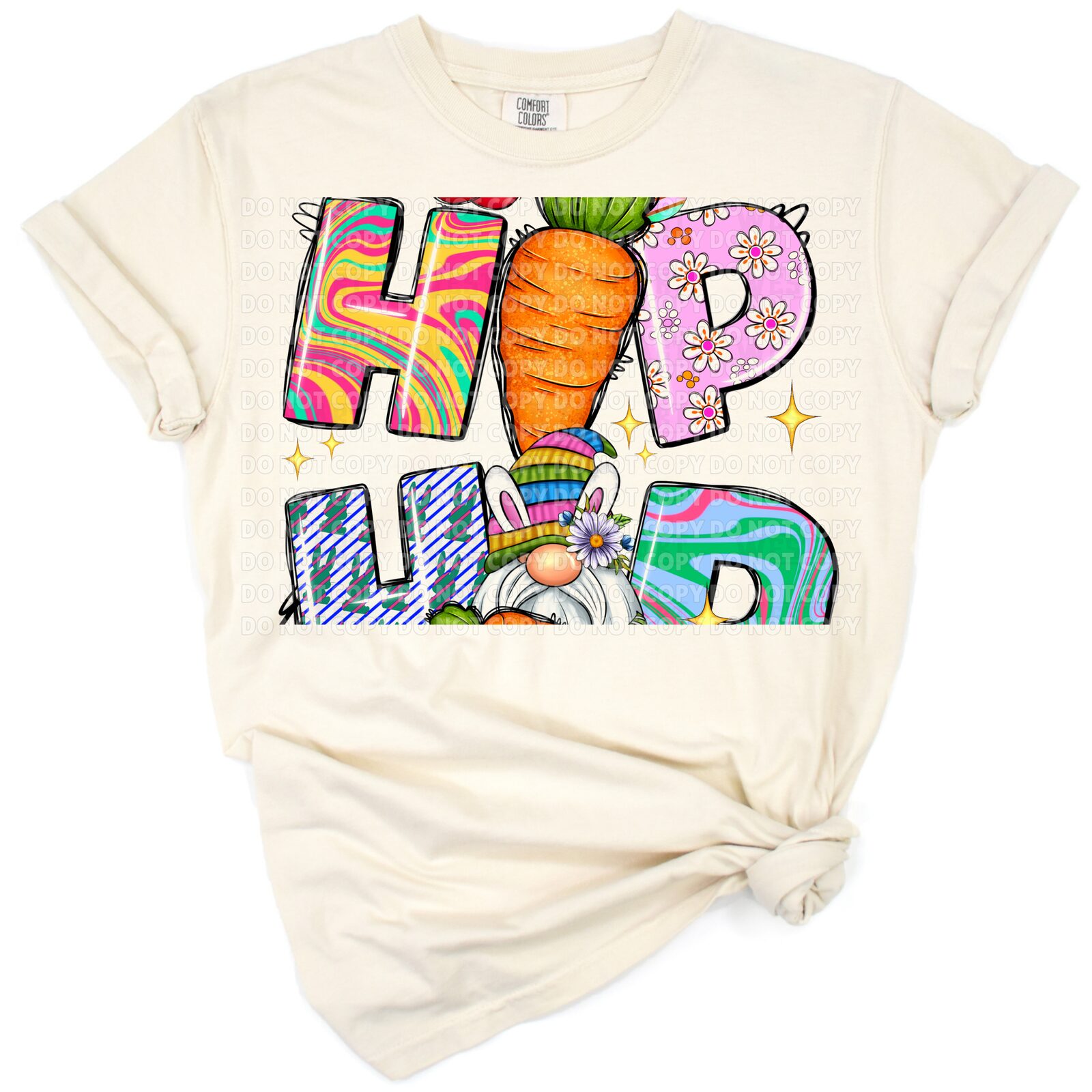 A cheerful gnome in hip hop style with Easter eggs and festive decorations.