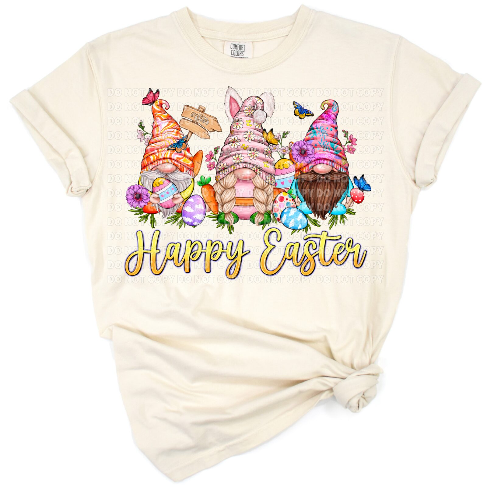 Three playful gnomes with bunny ears surrounded by Easter eggs and spring florals in pastel colors.