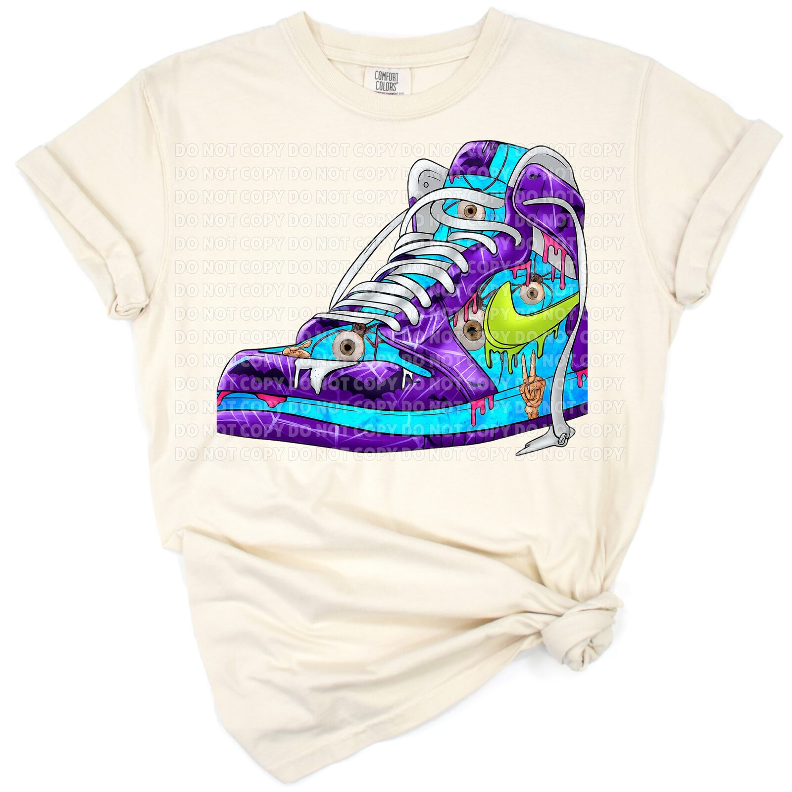 A retro pair of spooky Halloween sneakers surrounded by festive elements.