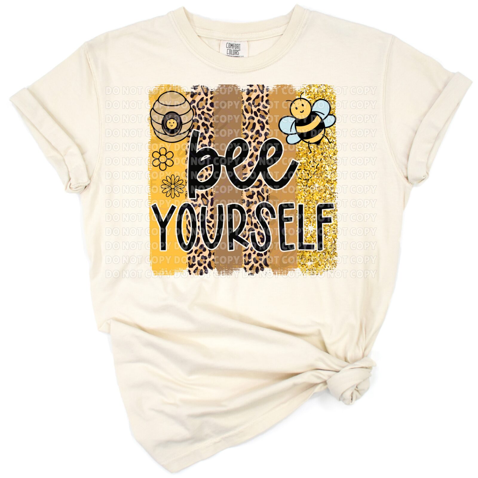 Grunge bee and beehive with leopard print theme and motivational text.
