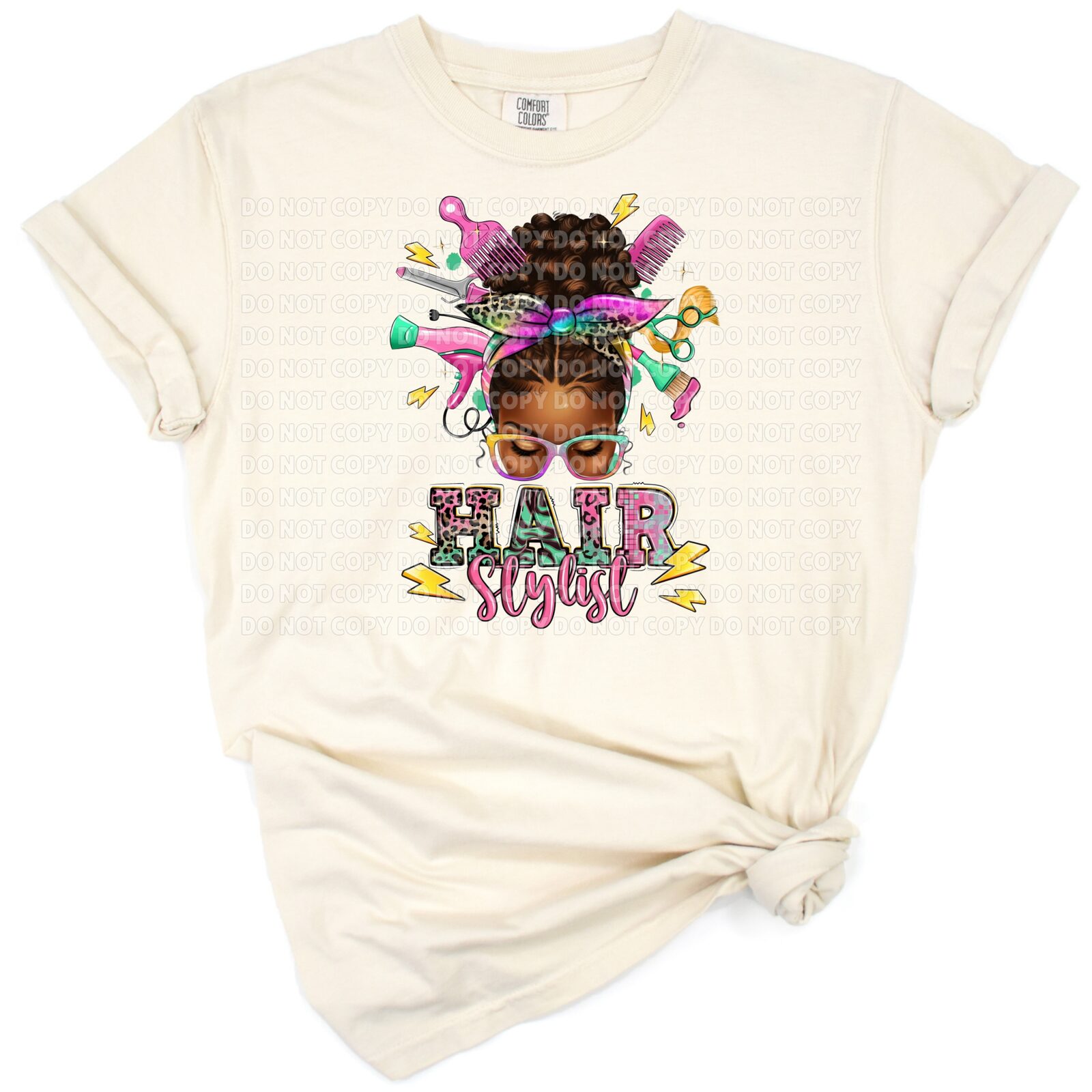 An afro woman with a messy bun and stylist accessories in a fashionable illustration.
