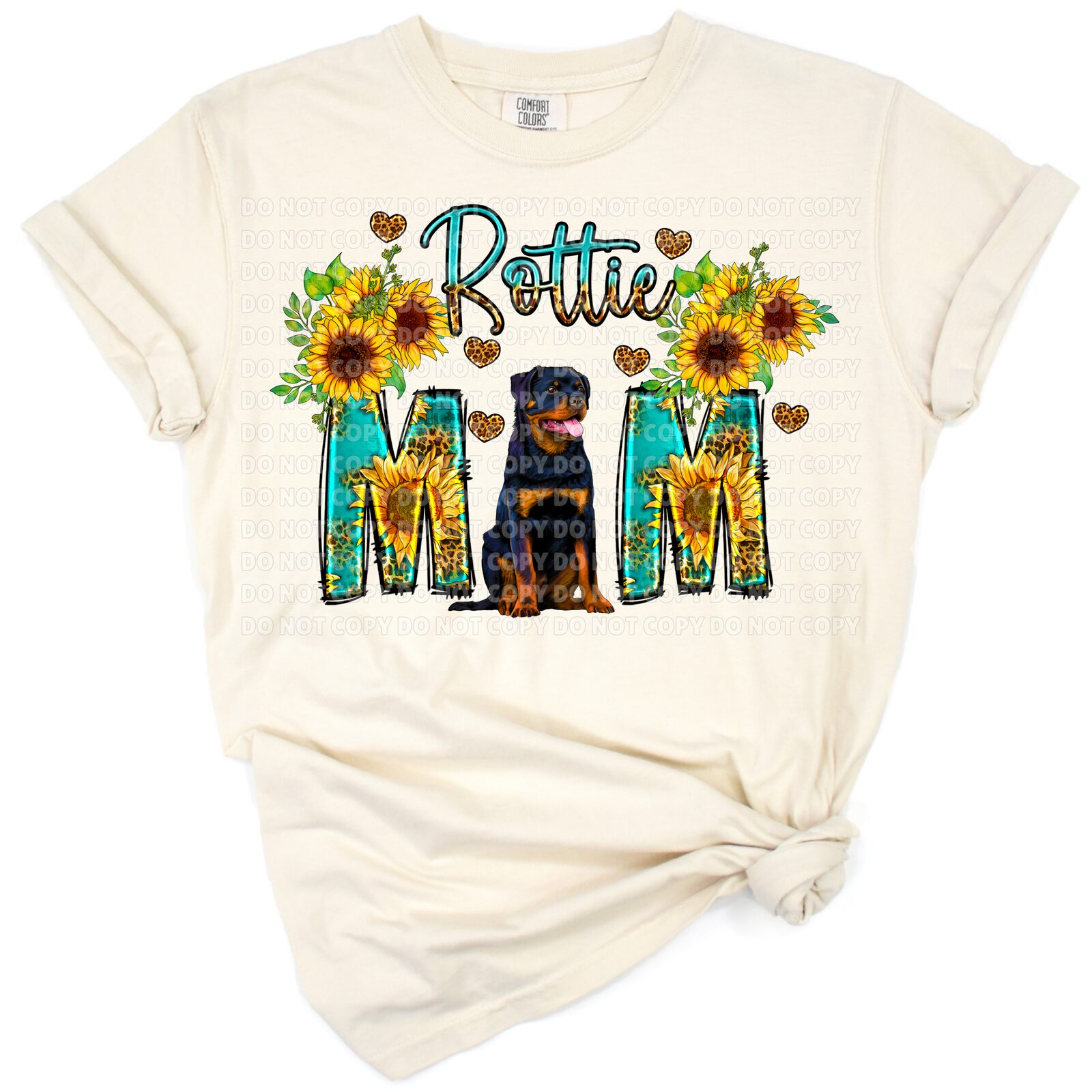 A Rottweiler dog with sunflowers and leopard print accents in a trendy art style.