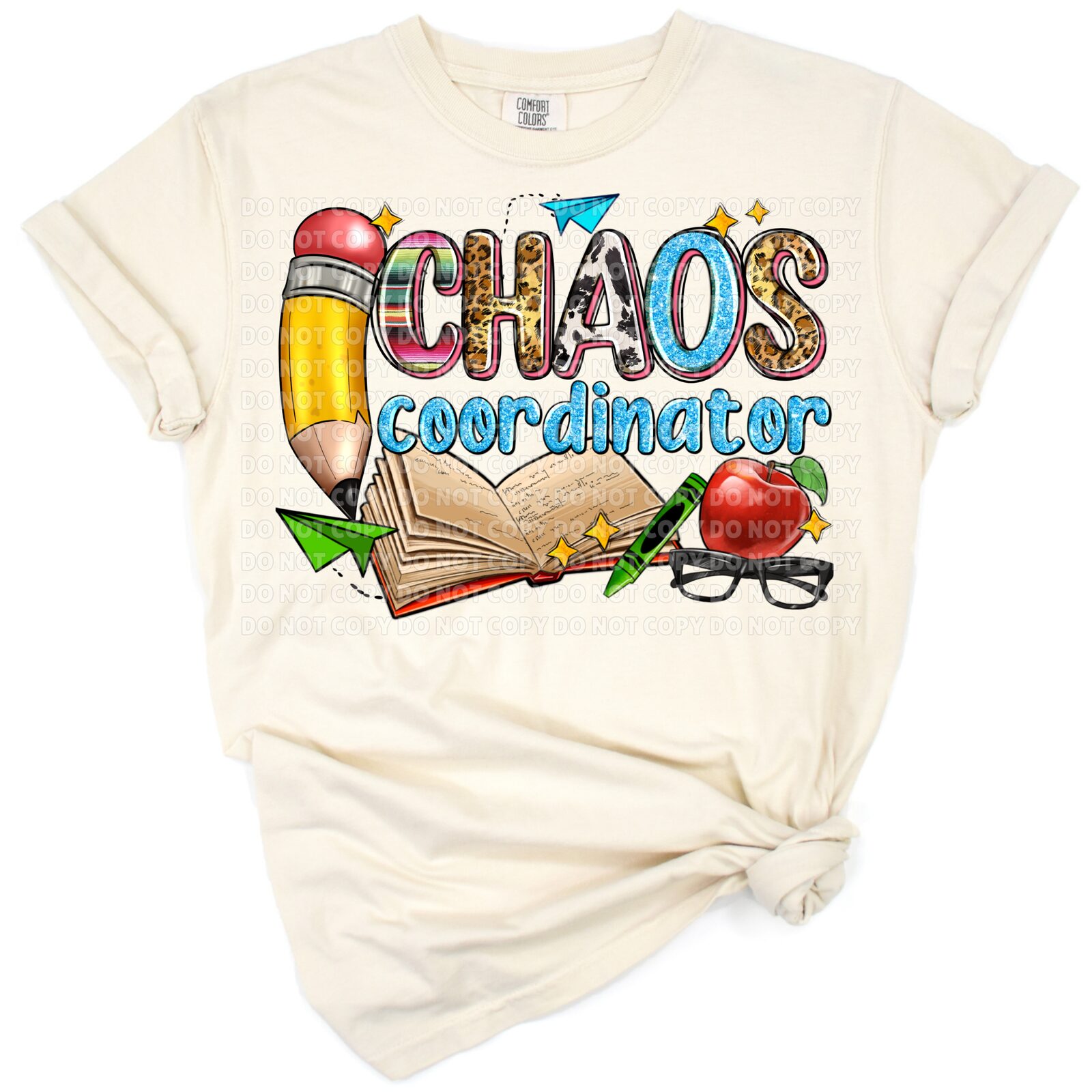 A colorful retro design featuring the words Chaos Coordinator with playful teacher-themed accents.