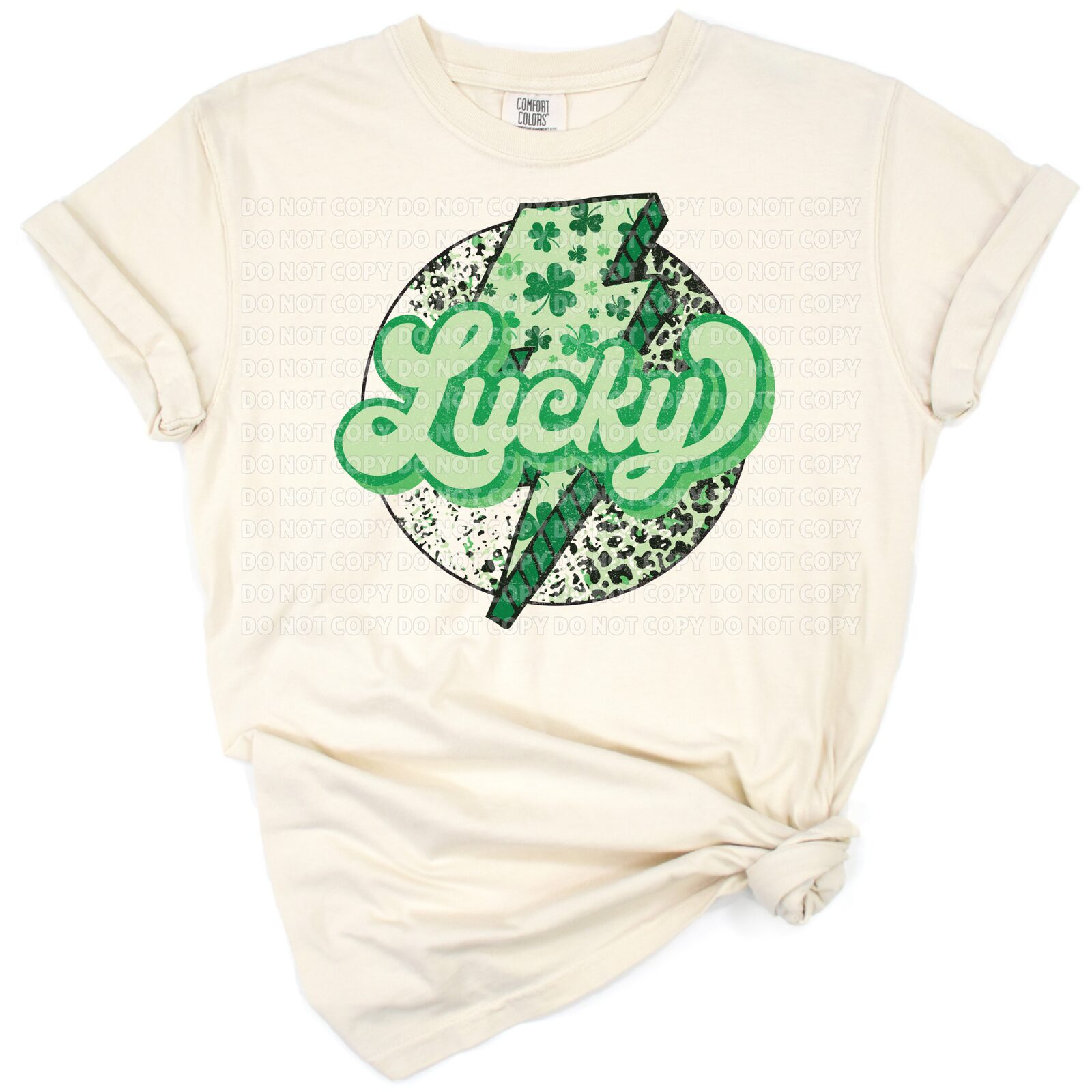 A retro design featuring a green leopard print lightning bolt with festive St. Patrick's Day elements.