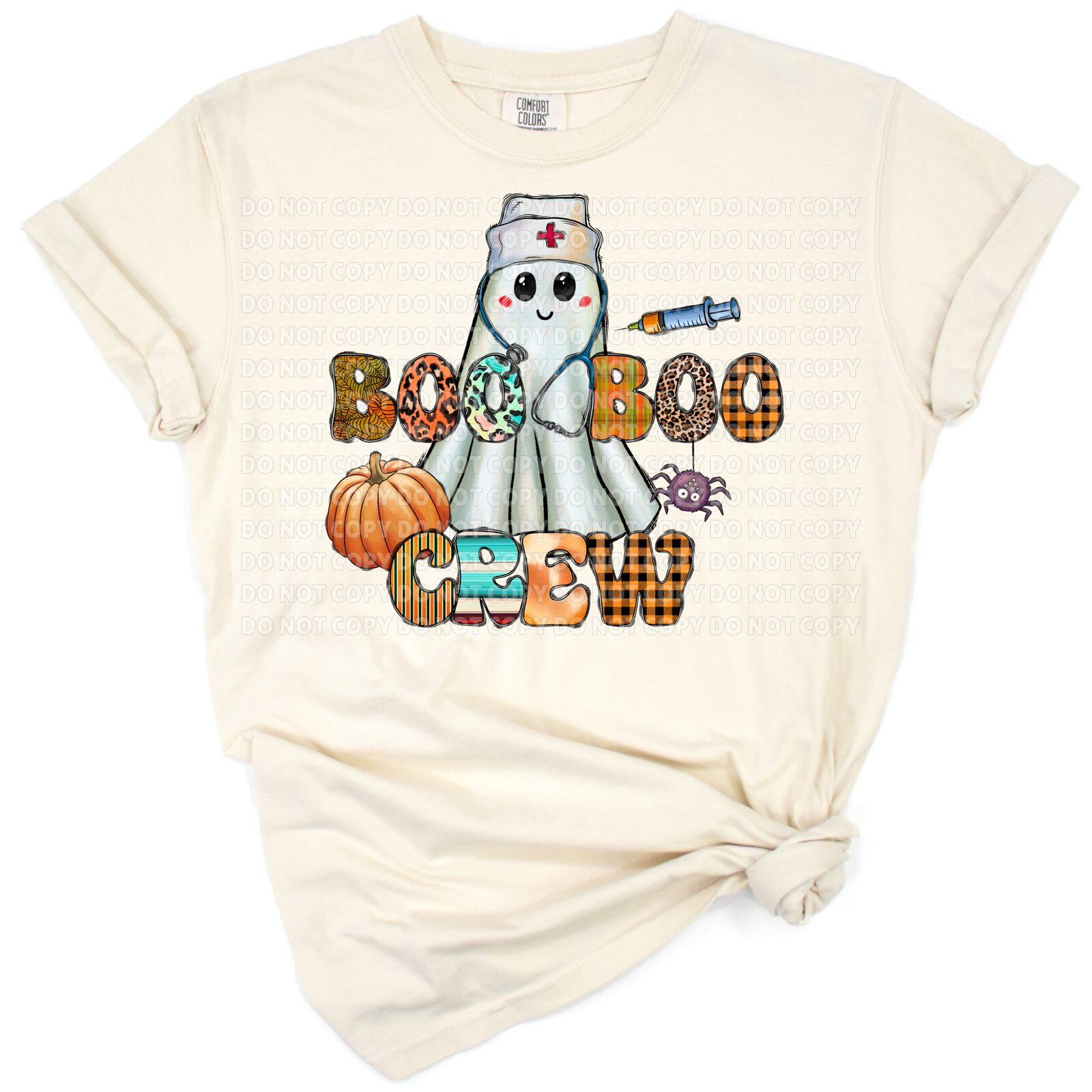 A playful western-style artwork with a nurse ghost, pumpkins, and Halloween theme.