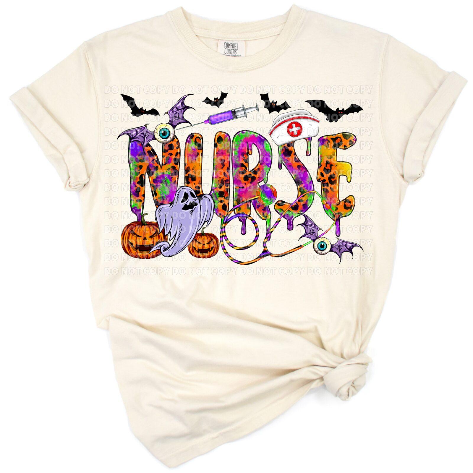 A festive Halloween nurse artwork with pumpkin, spider, and Western style accents.
