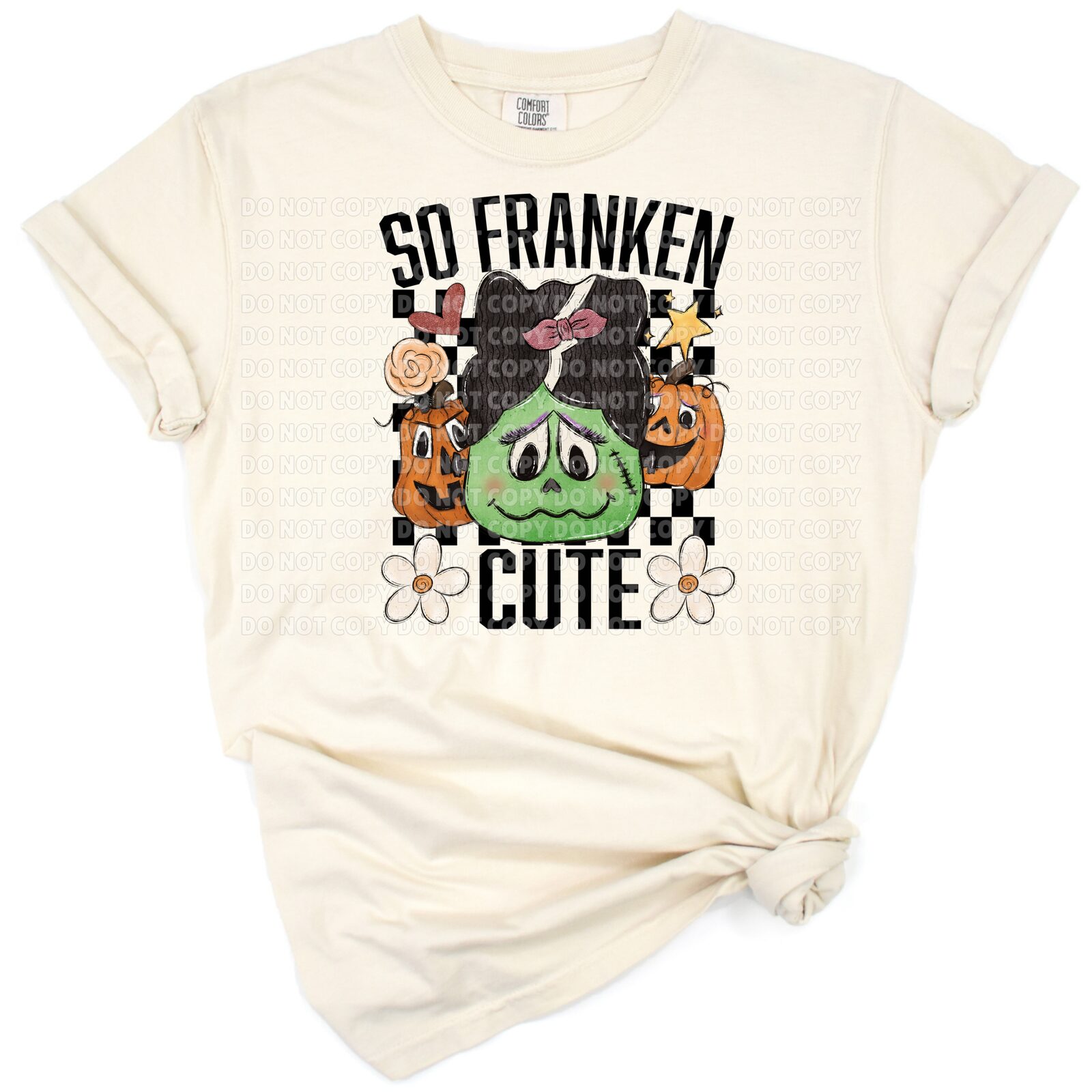 A pastel grunge cartoon girl styled as Frankenstein with cute girly features in Halloween theme.