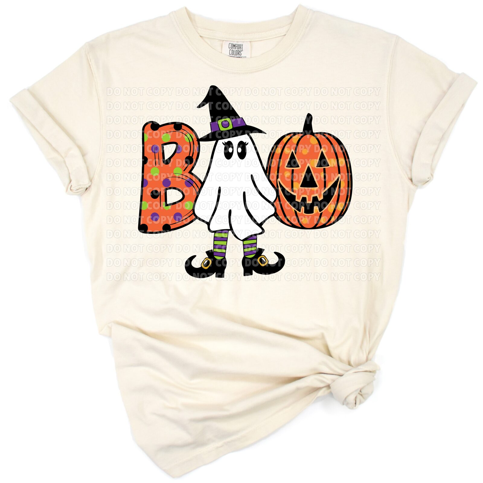 Cartoon pumpkin and ghost with Boo and Happy Halloween text in a playful, funny Halloween style.