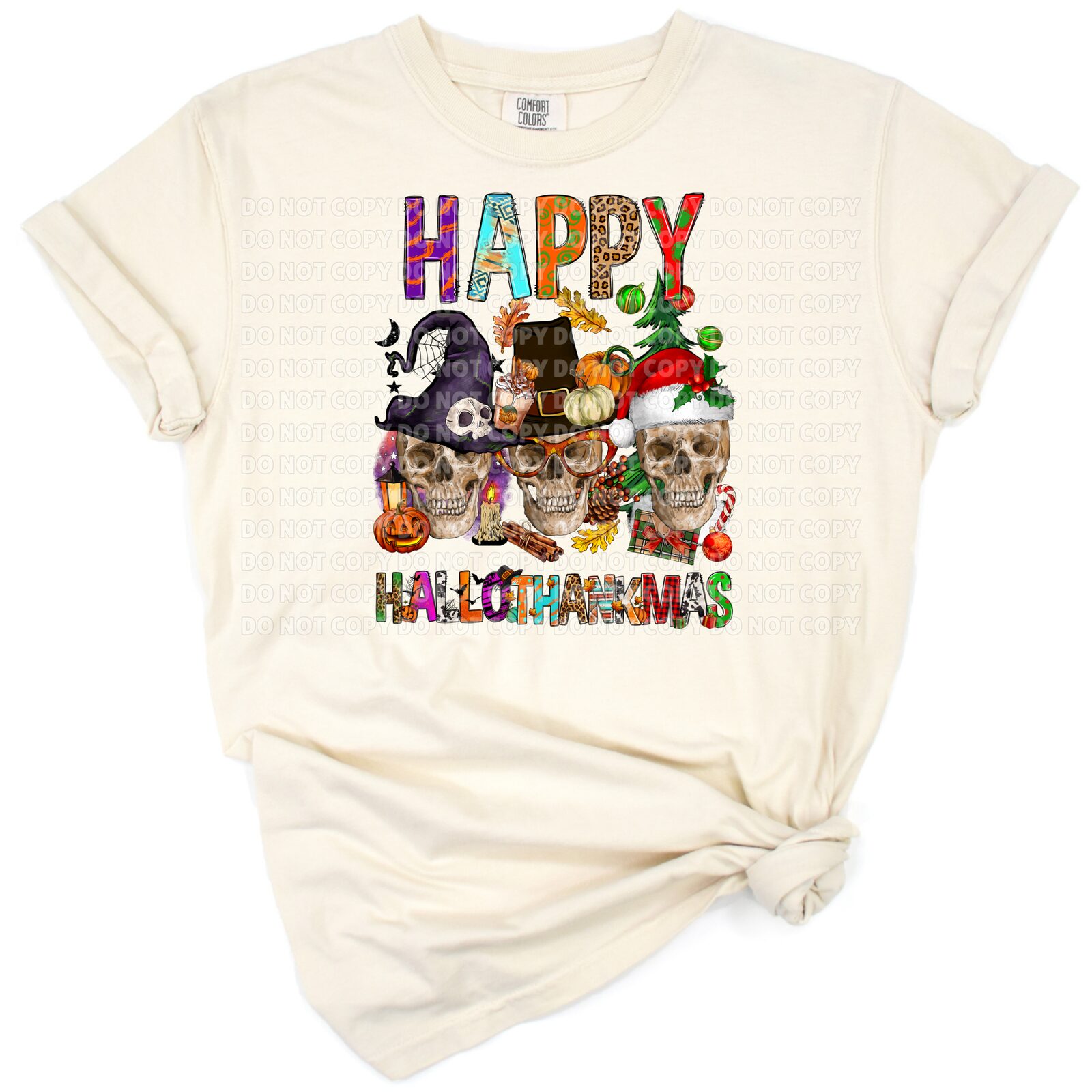 A skull dressed in a witch hat with festive holiday accents, blending Halloween and Christmas themes.