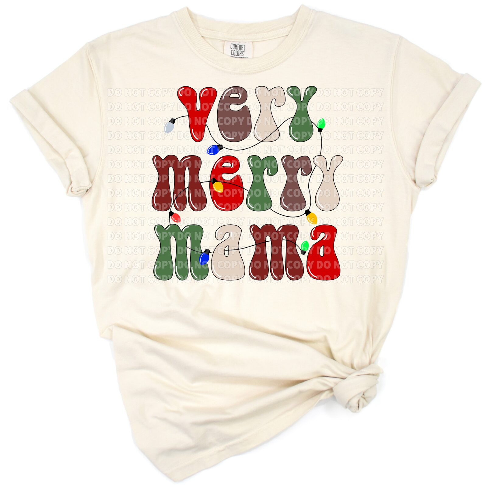 A festive design featuring the phrase Very Merry Mama with holiday accents in a retro style.