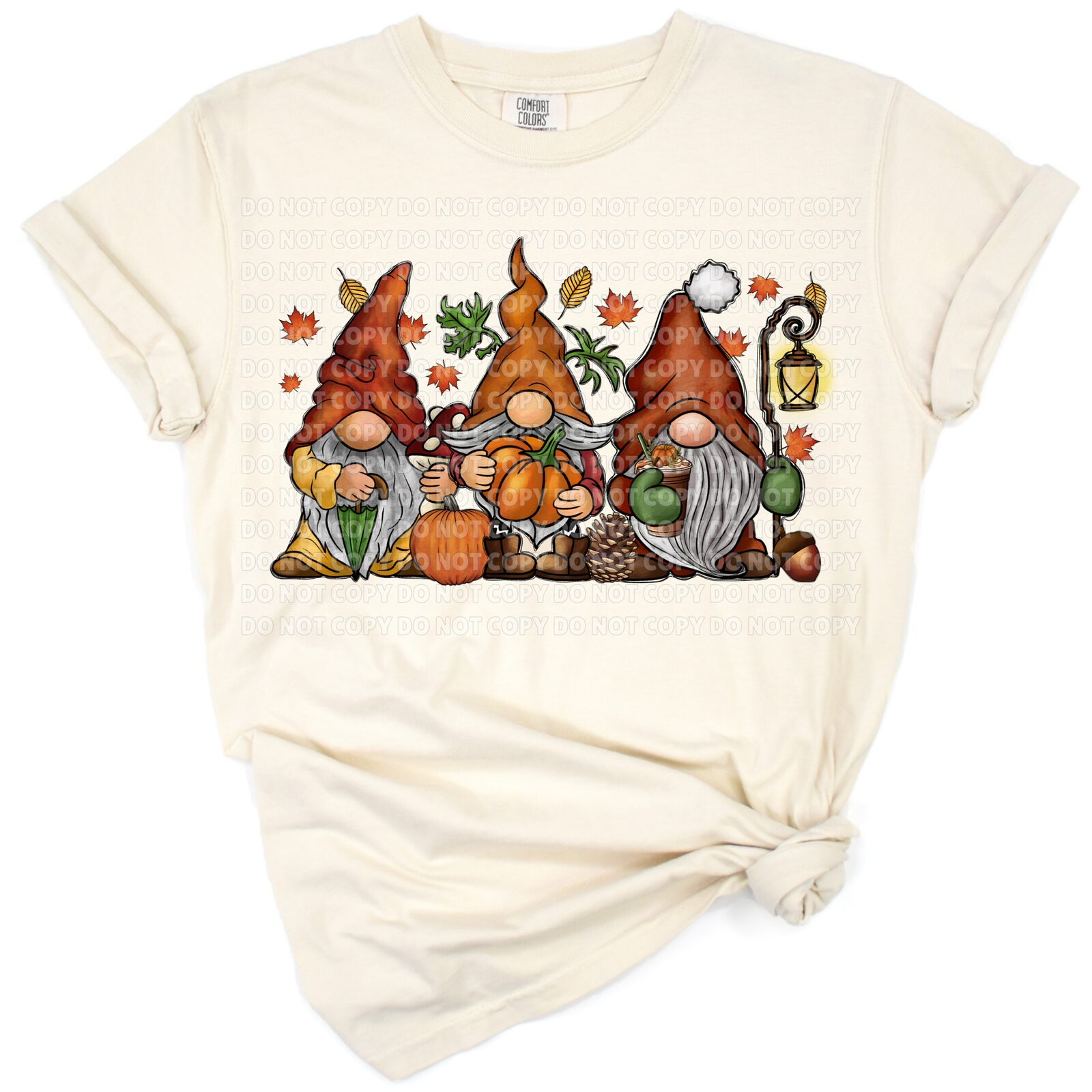 A retro gnome with a pumpkin and colorful fall leaves in a playful autumn setting.
