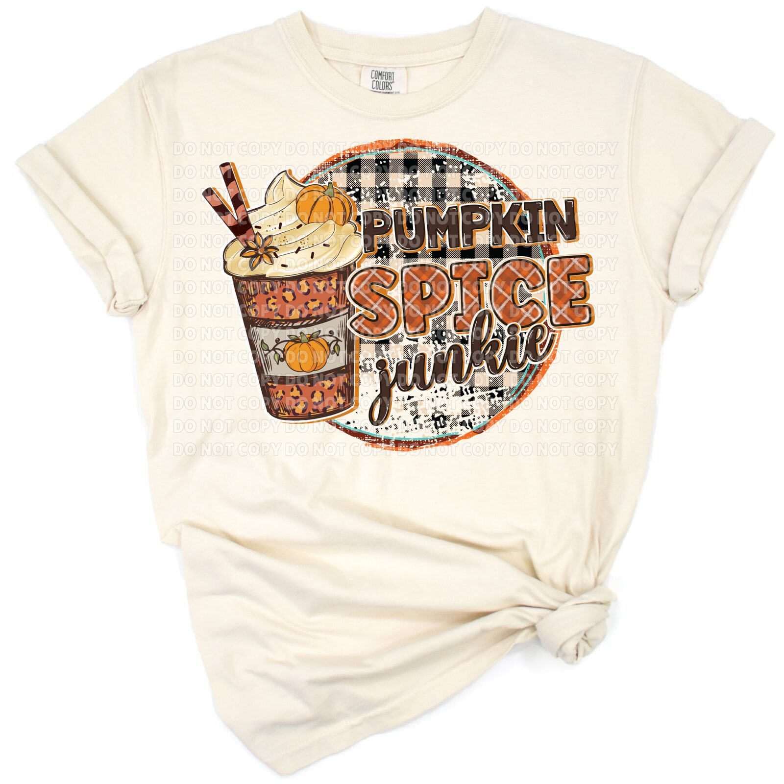 A whimsical pumpkin spice coffee design with pumpkins and fall leaves in warm autumn colors.