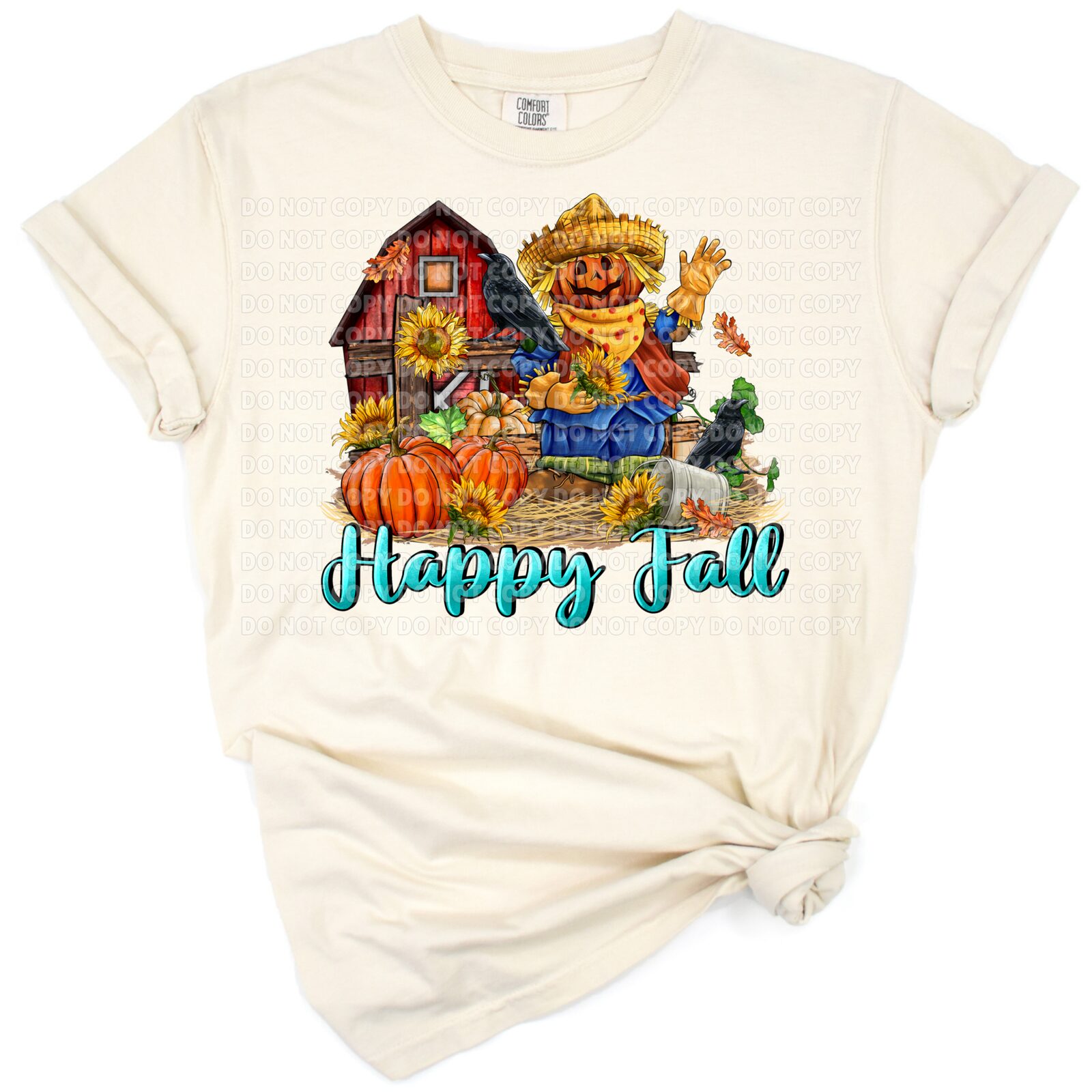 A retro scarecrow with a cheerful face, surrounded by fall leaves and rustic farmhouse details.
