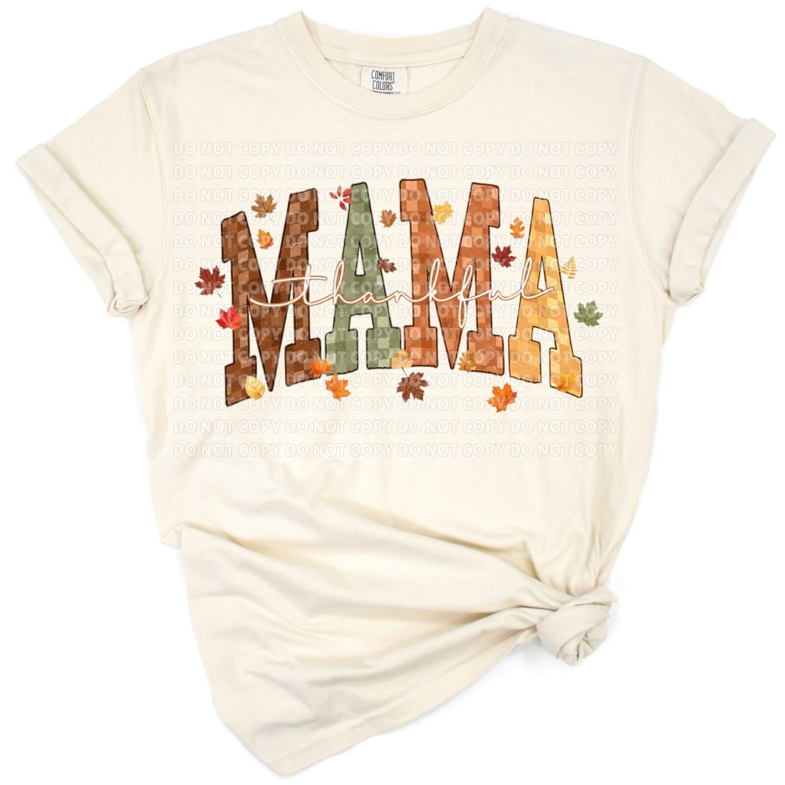 A retro-inspired checkered Thankful Mama graphic with cute girly autumn elements.