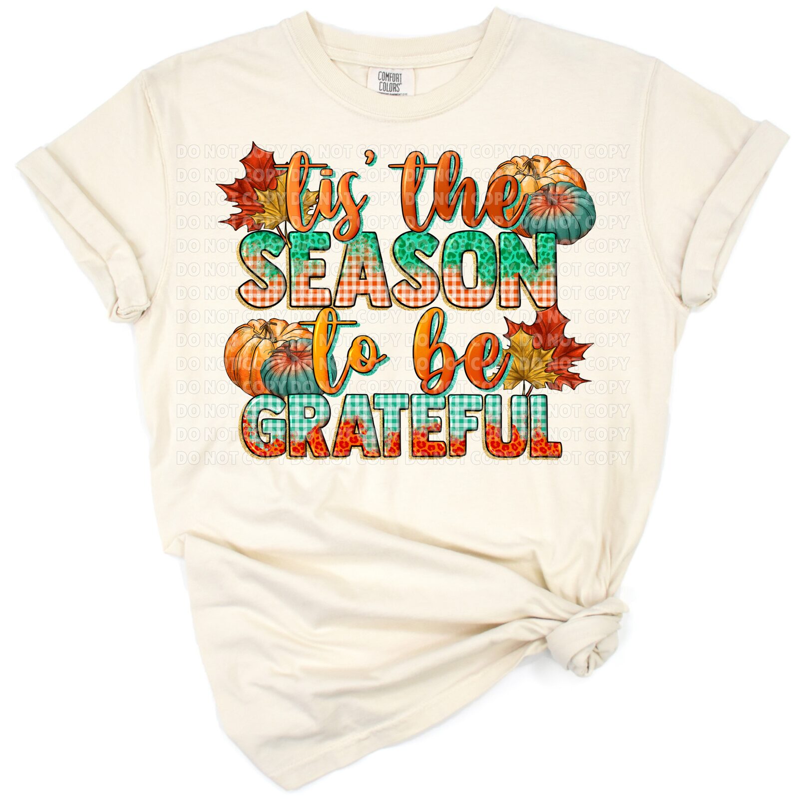 Retro autumn colors with the phrase 'Tis the season to be grateful' and fall leaves.