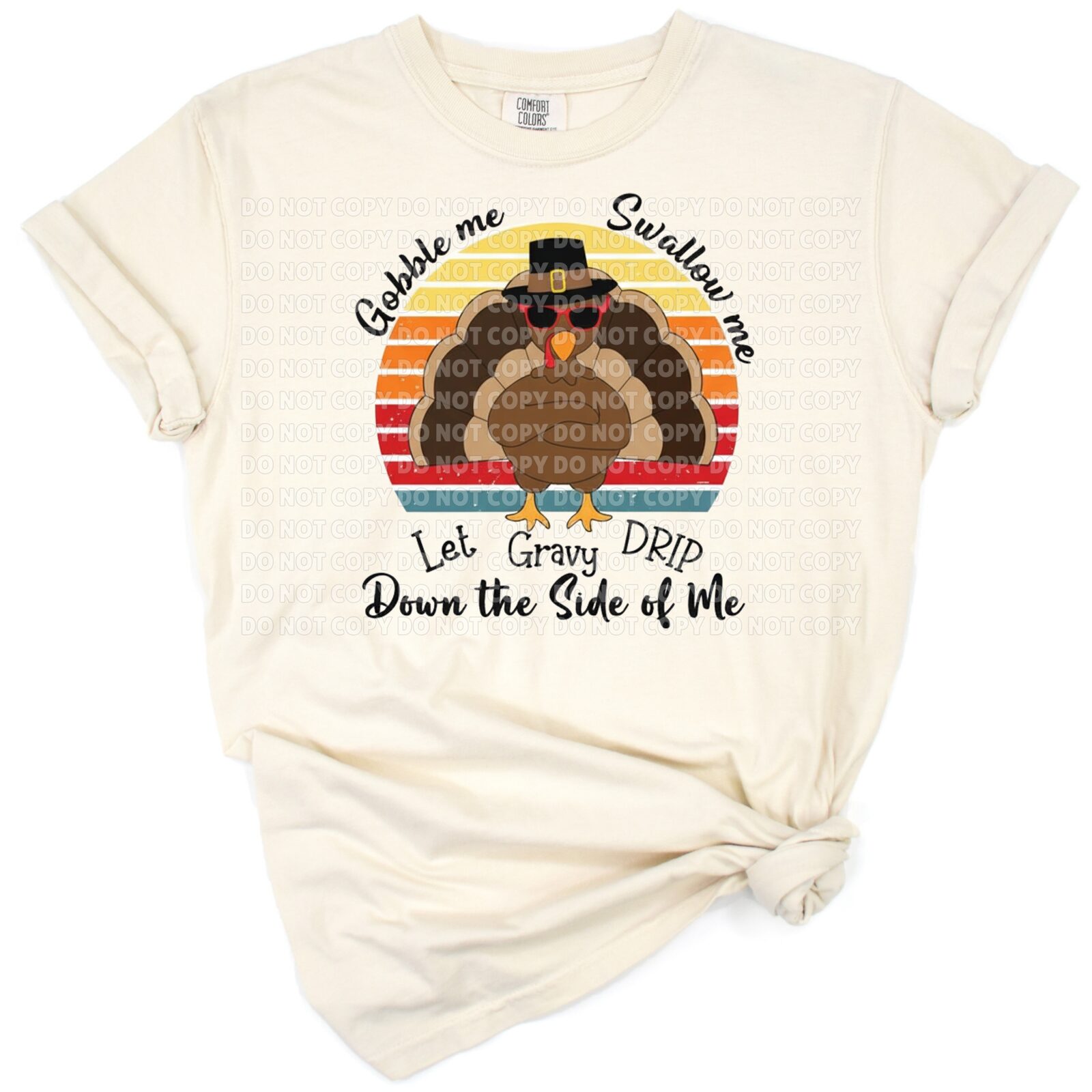 A cheerful cartoon turkey surrounded by playful gravy text in a fun Thanksgiving style.