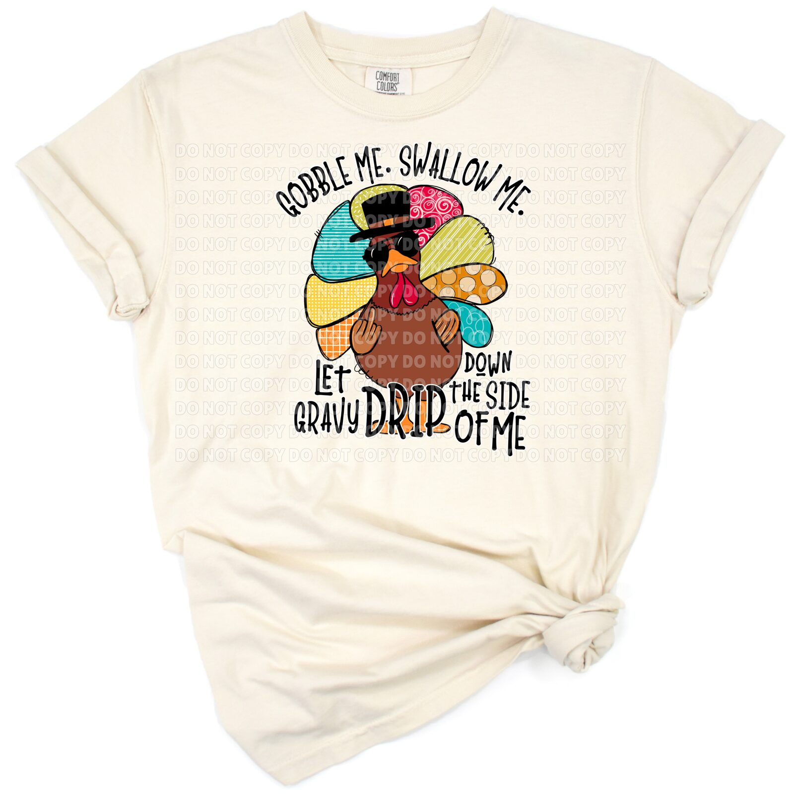 A cute retro turkey with a playful gravy-themed Thanksgiving quote in fall colors.