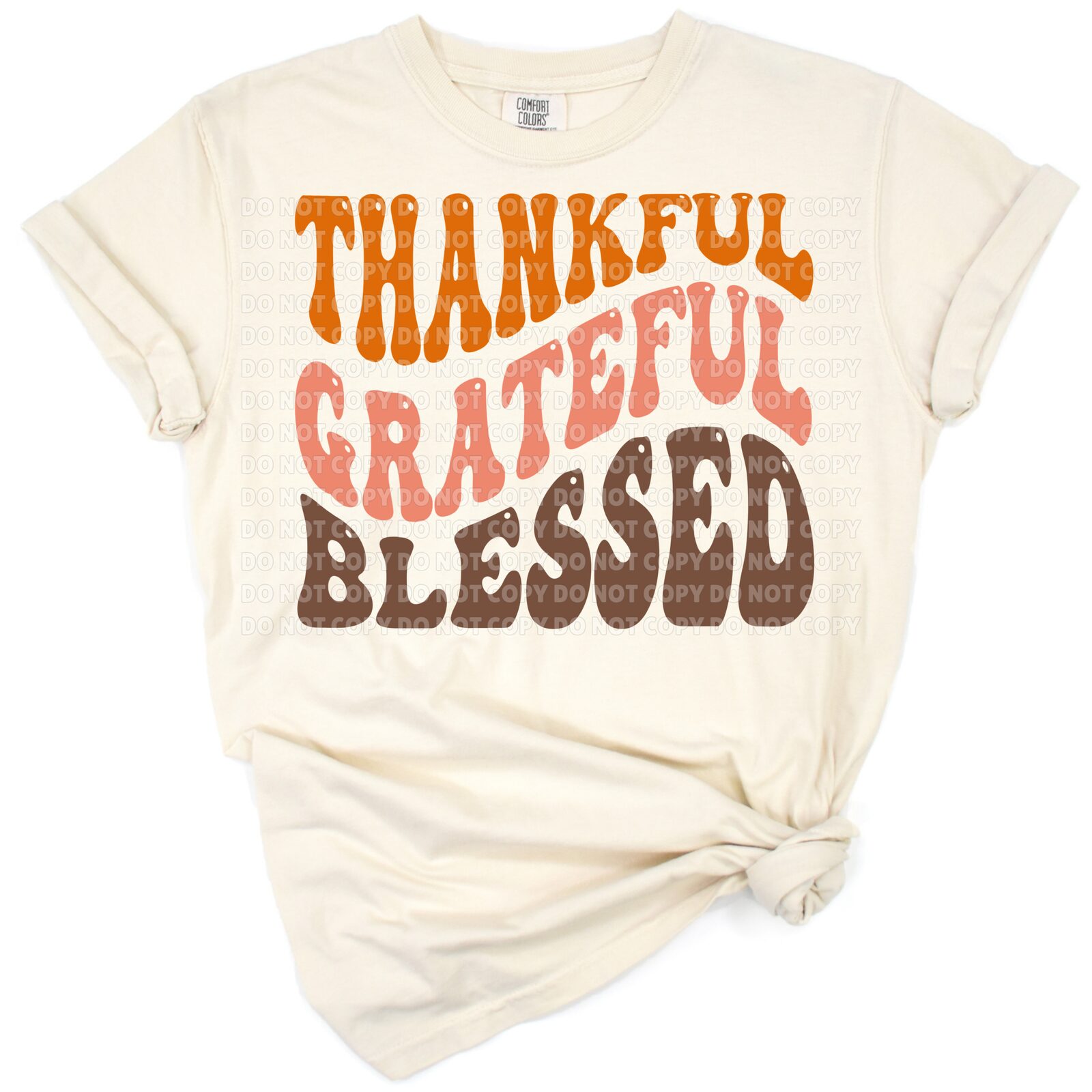 Retro style typography that reads Thankful Grateful Blessed with autumn leaves and warm seasonal colors.