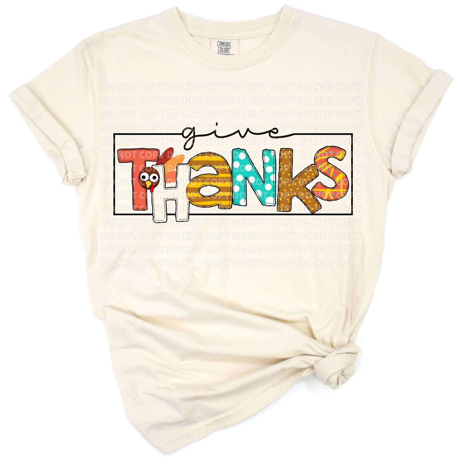 Smiling turkey surrounded by autumn leaves with the phrase Give Thanks in festive colors.