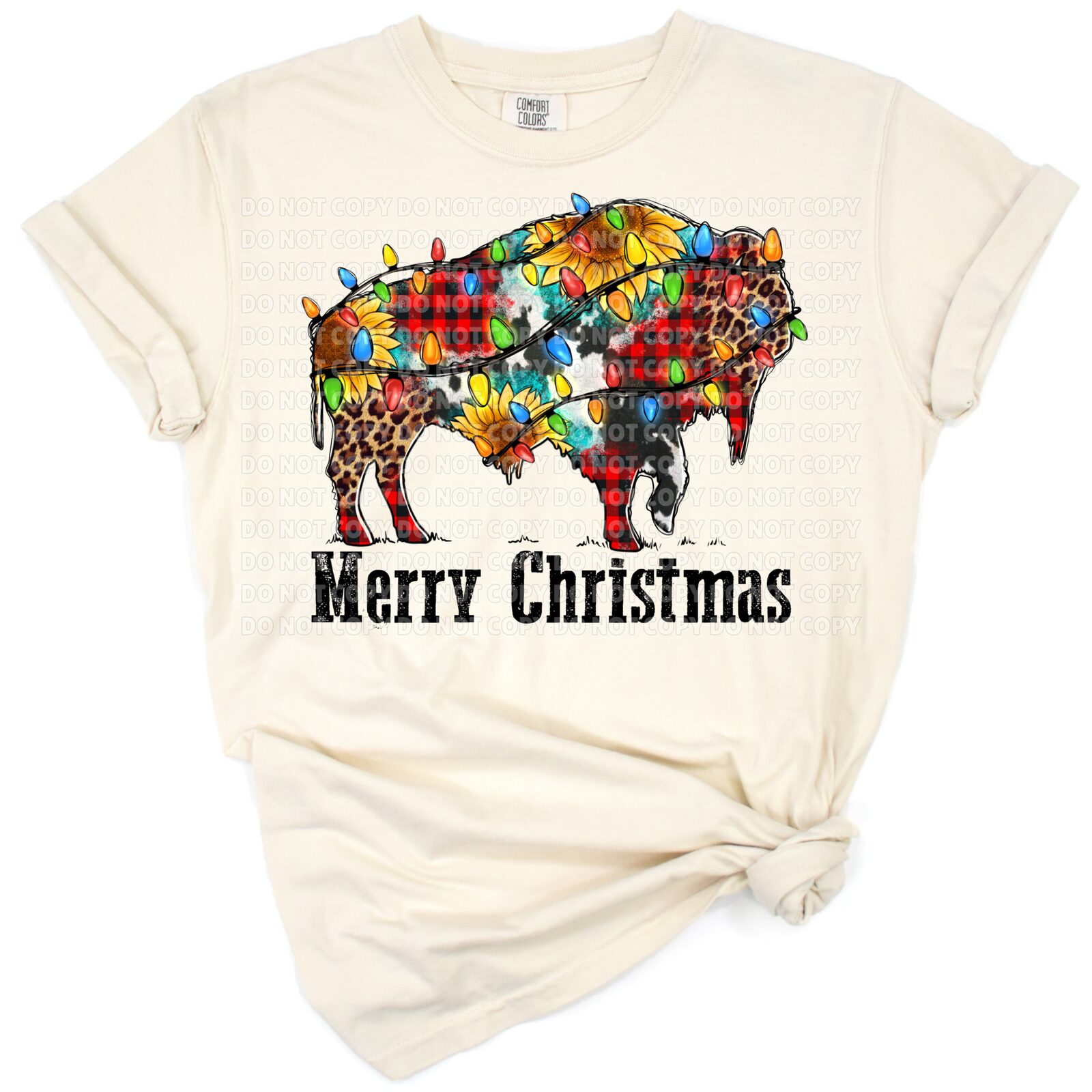 A festive western bison wearing a Santa hat with rustic holiday accents.