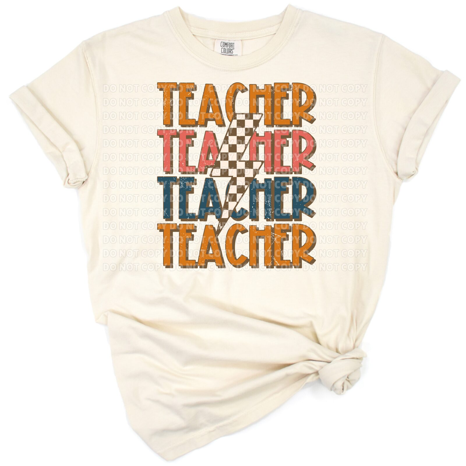 A colorful stacked text design with the word teacher in a playful trendy style.