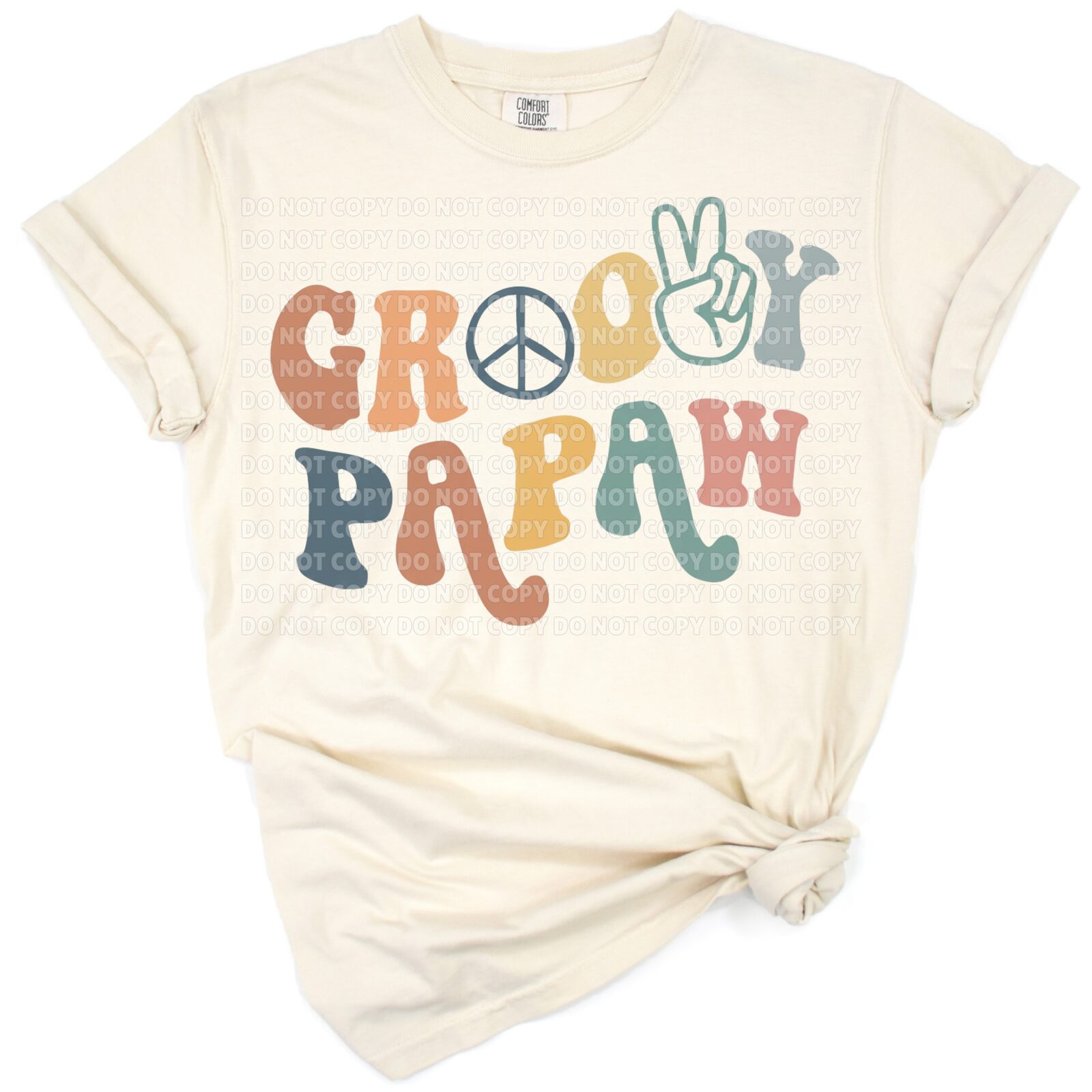 Retro styled papaw in colorful hippie outfit with vintage groovy background.