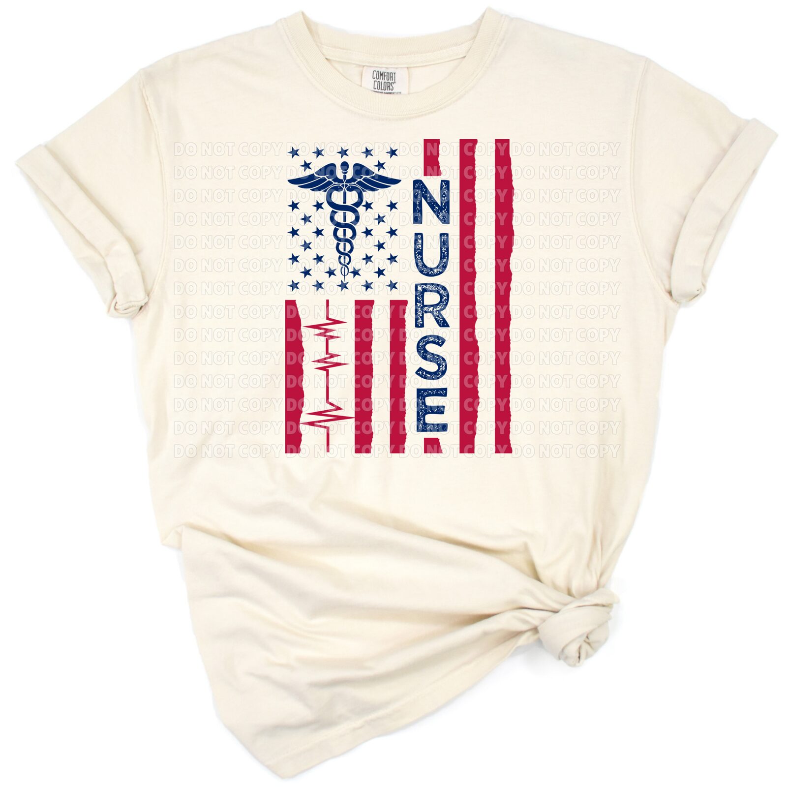 A nurse cap with a stethoscope overlaid on an American flag in red, white, and blue colors.