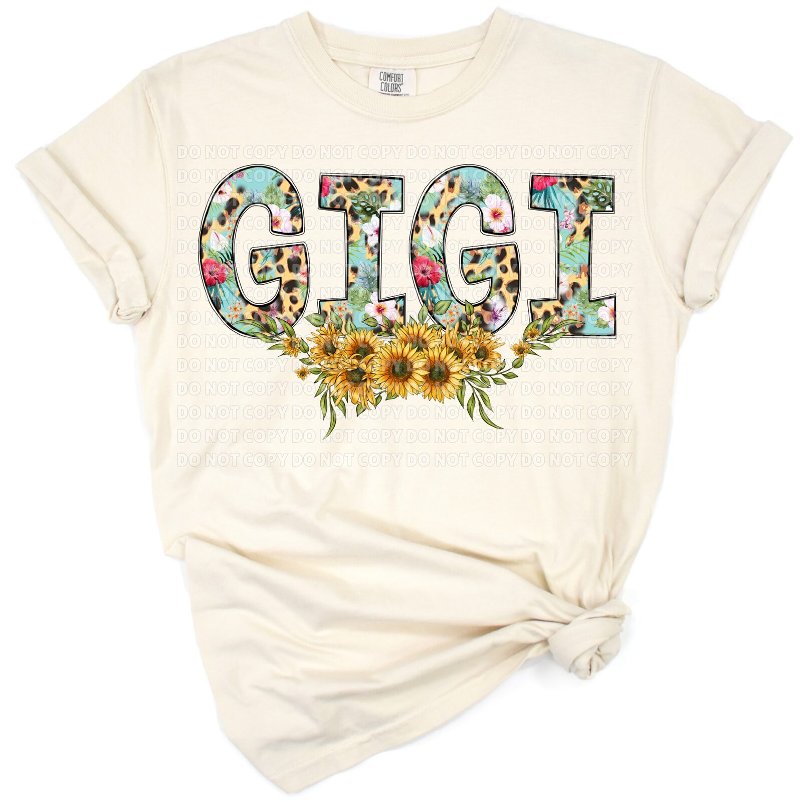 A boho western design featuring the word Gigi with leopard print and sunflower accents.