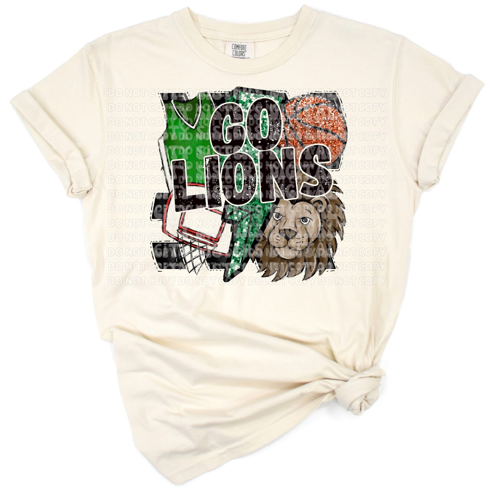 Retro style basketball design with glitter effect and Go Lions text.