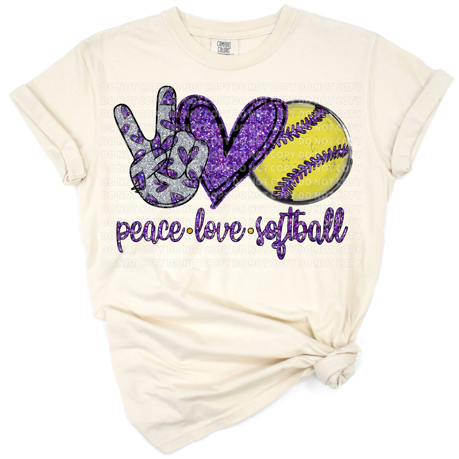 Peace sign, heart, and softball graphic with purple glitter accents.