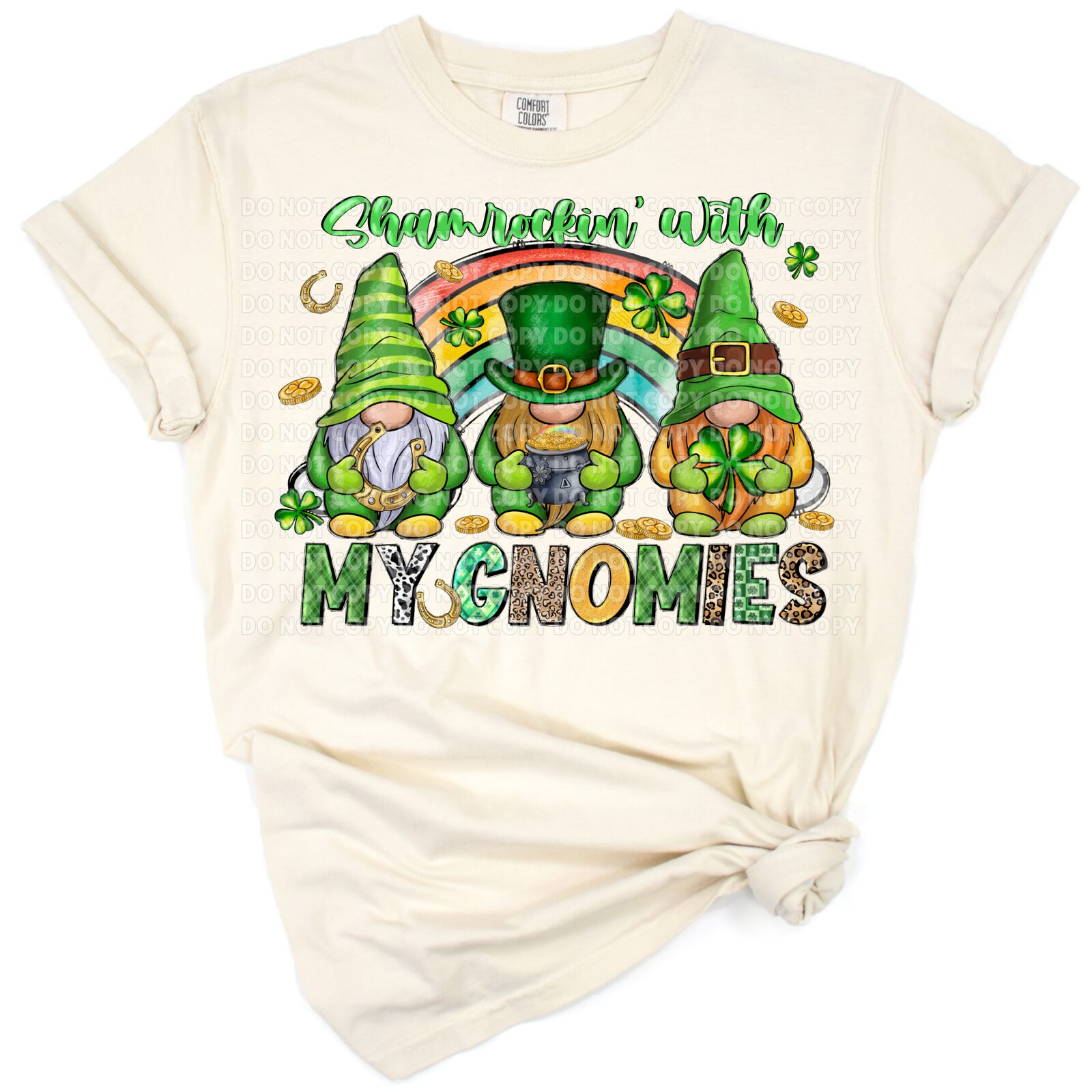Three whimsical green gnomes holding shamrocks with festive St. Patrick's Day decorations.