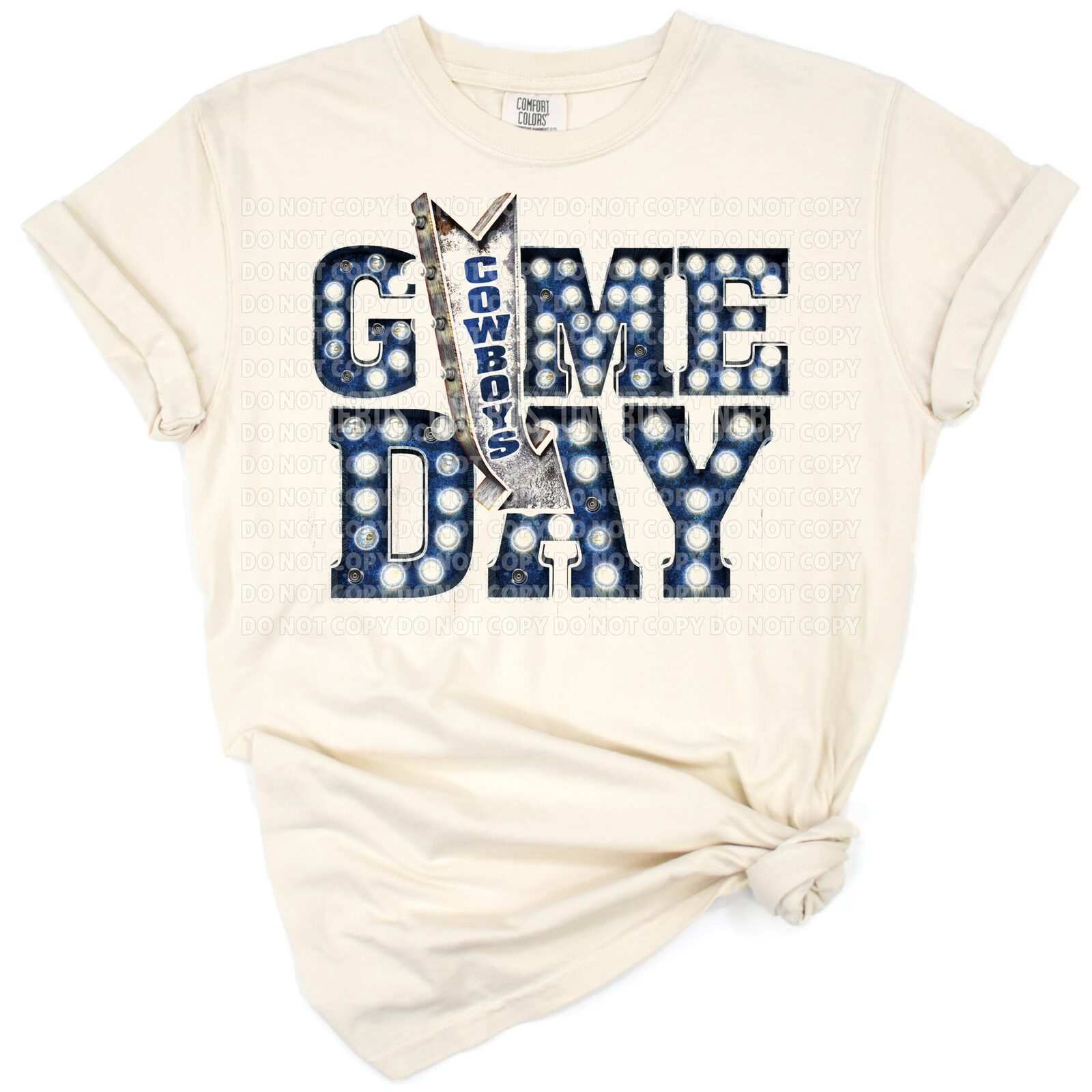 A retro marquee Game Day sign with bold letters and a distressed arrow in navy blue, white, and silver.