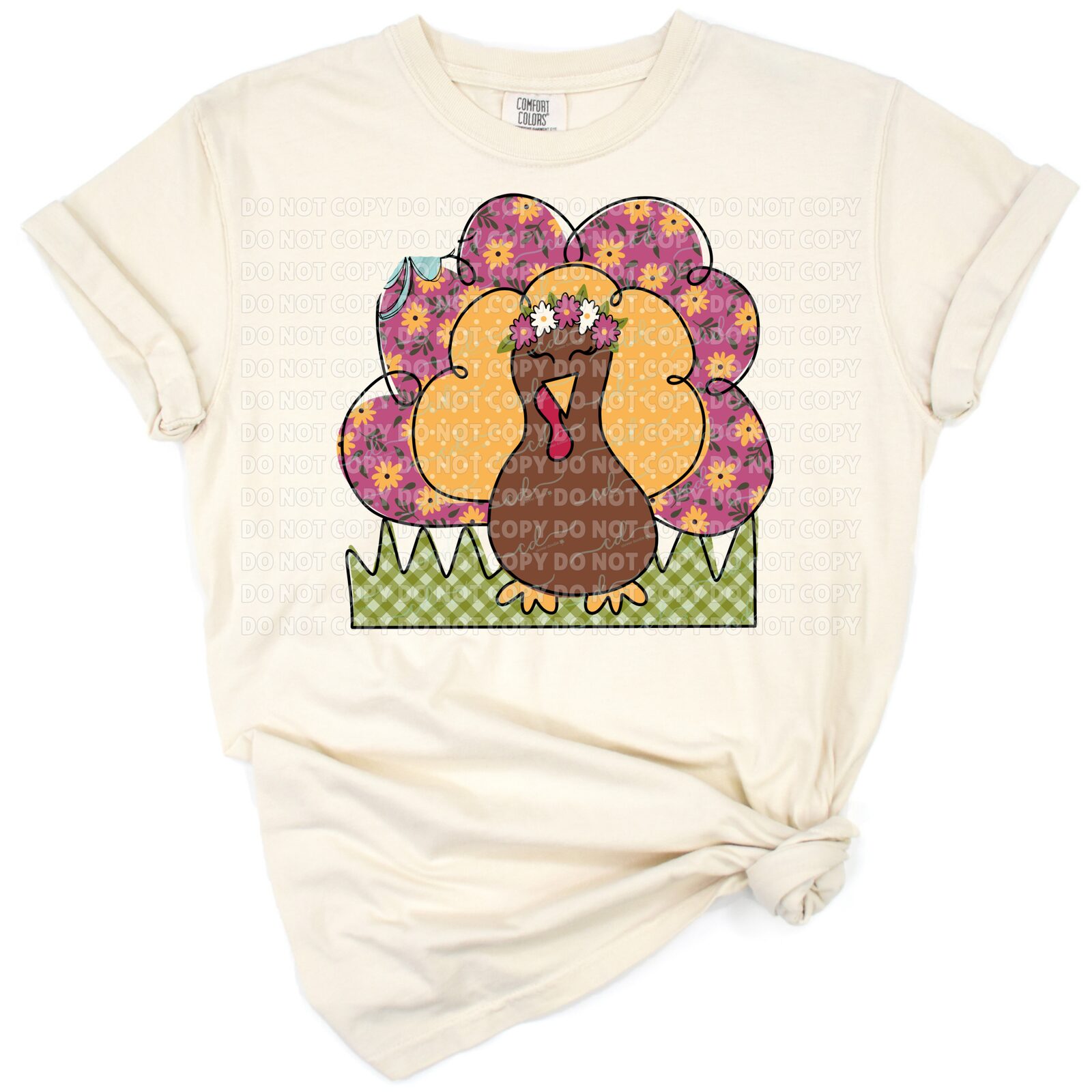 A cute and colorful cartoon turkey with autumn accents.