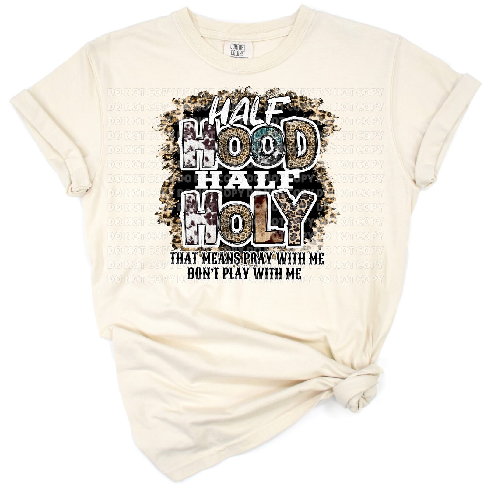 Leopard print with western boho elements and a faith-inspired saying in a distressed style.
