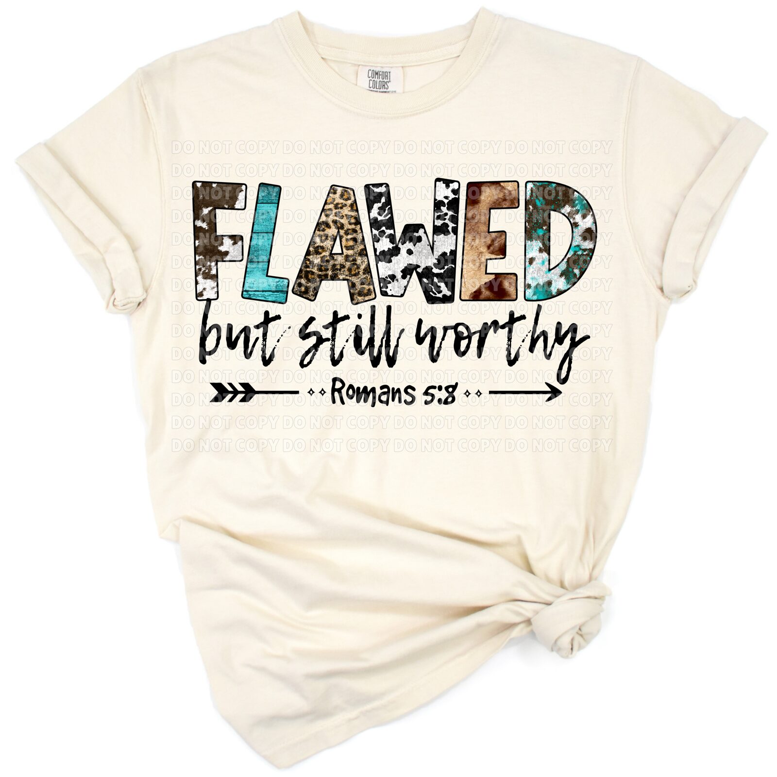 Modern typography with the phrase Flawed But Still Worthy and uplifting Christian decorative elements.