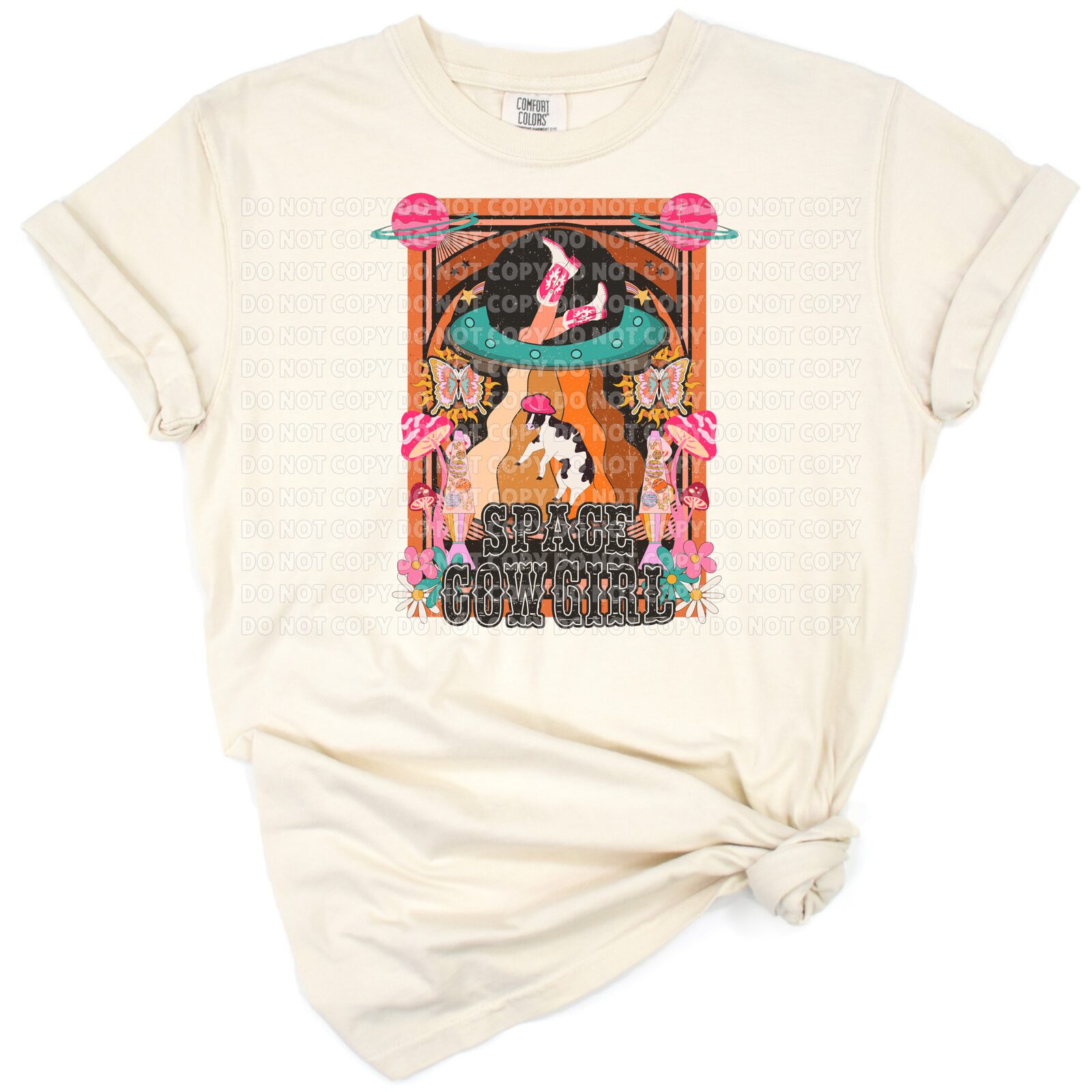 A playful retro cowgirl in space attire with western and cosmic boho elements.