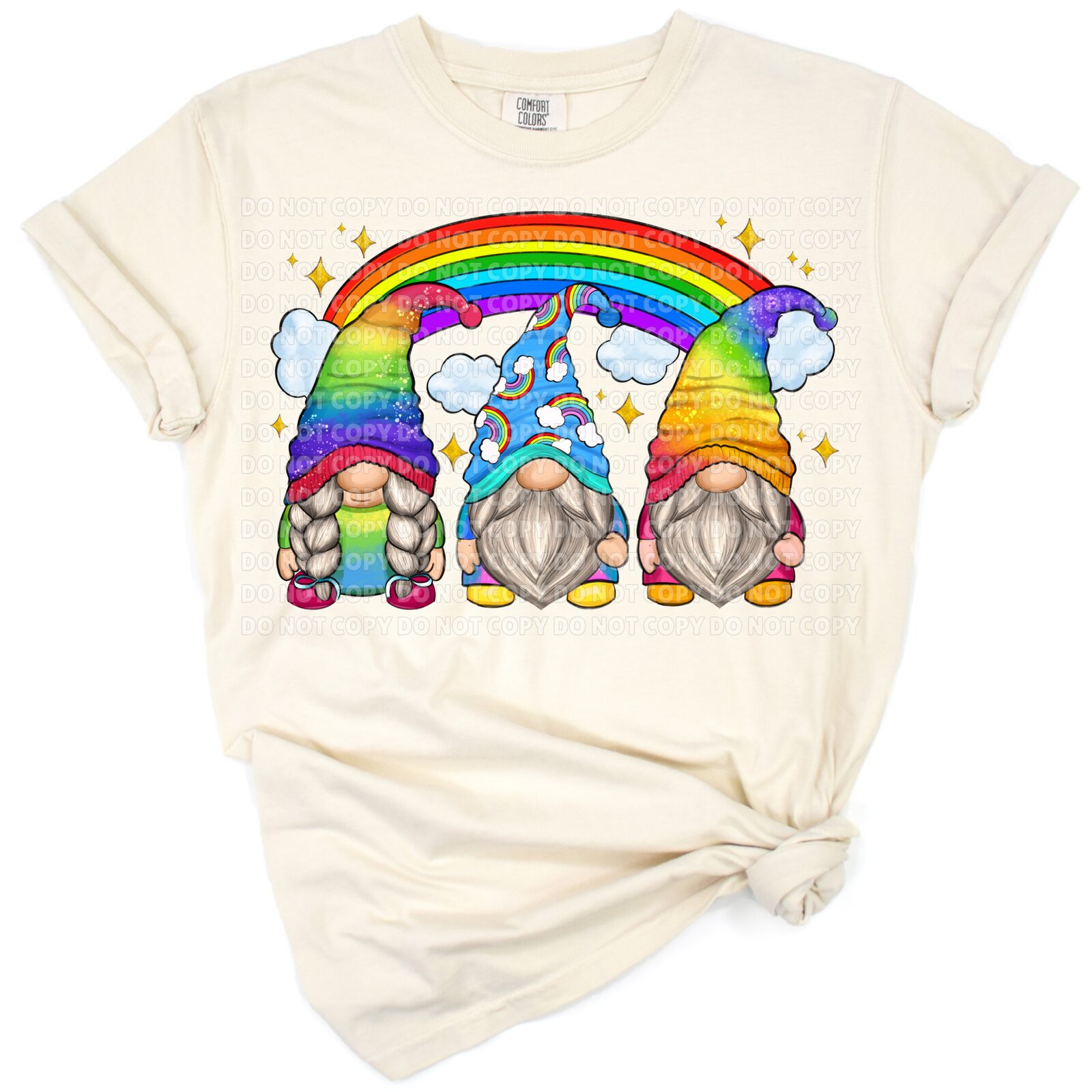 An illustration of adorable gnomes in bright rainbow colors with cheerful hand drawn style.