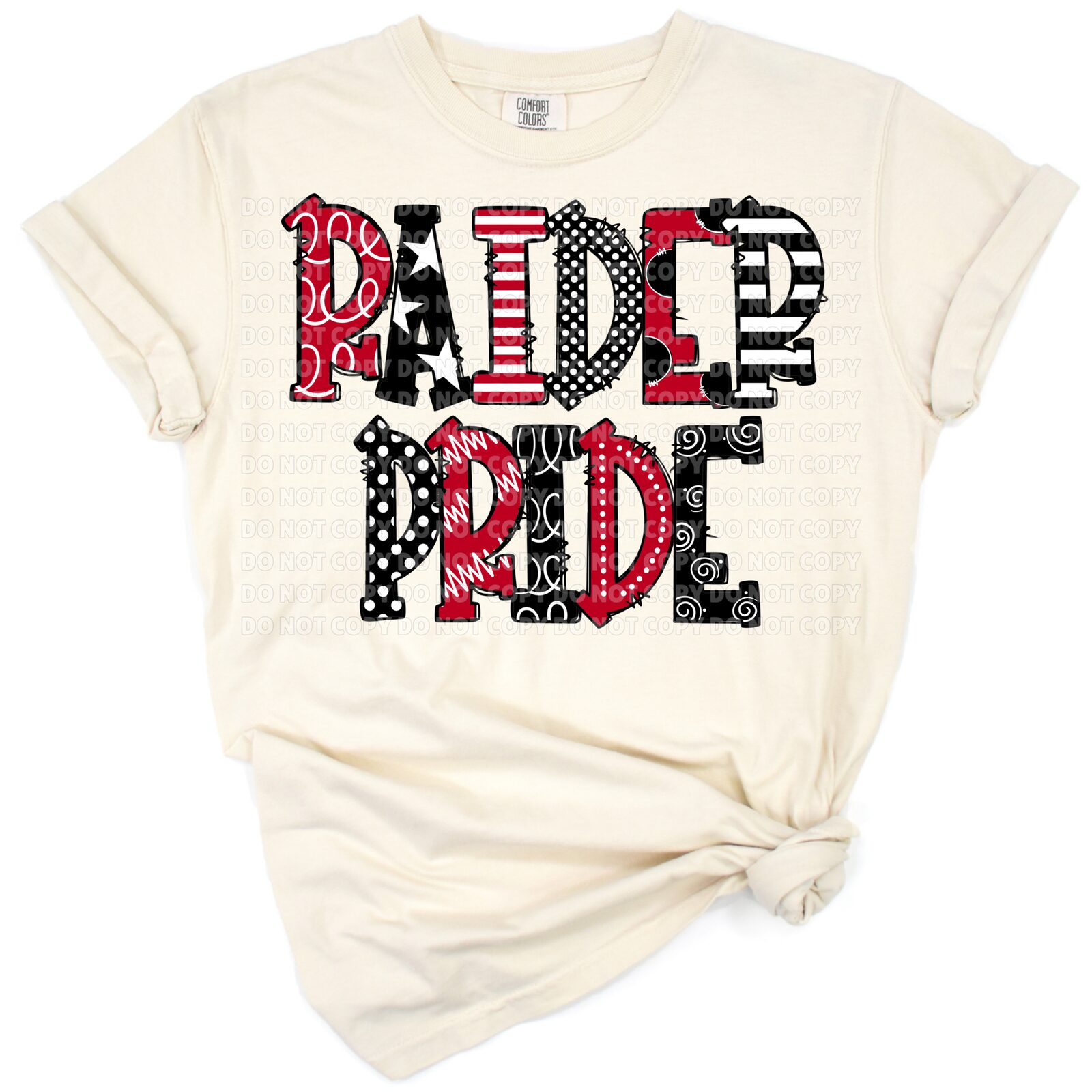 Doodle style lettering with the phrase Raider Pride and bold school spirit elements.